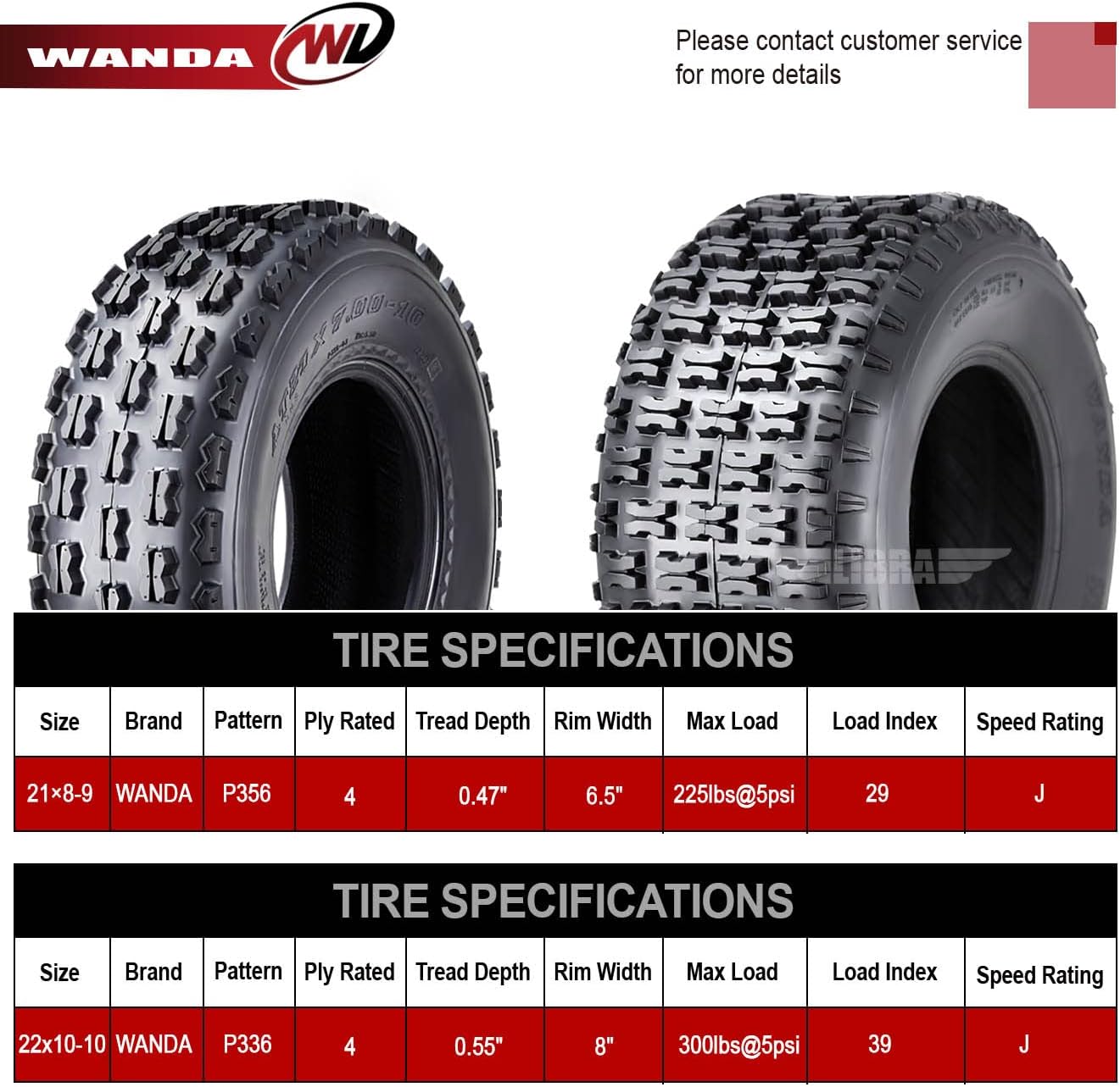 WANDA Full Set Sport ATV tires 21x8-9 & 22x10-10 for 88-02 Kawasaki Bayou 220