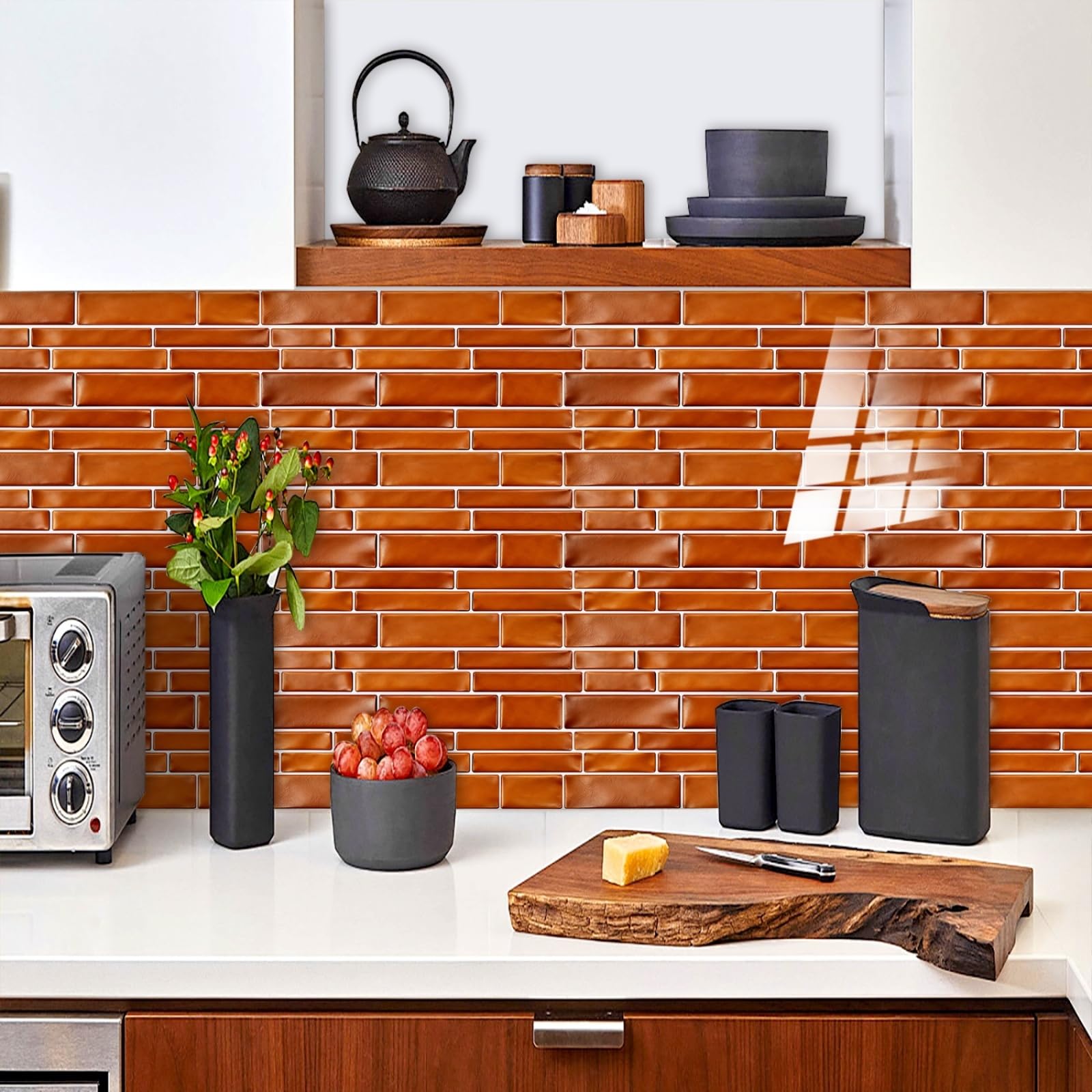 Stick on Kitchen Tiles 12x24 cm Orange Brick Peel and Wall Waterproof PVC for Fireplace Surround Furniture Decoration Tile Stickers Backsplash 20 Pcs