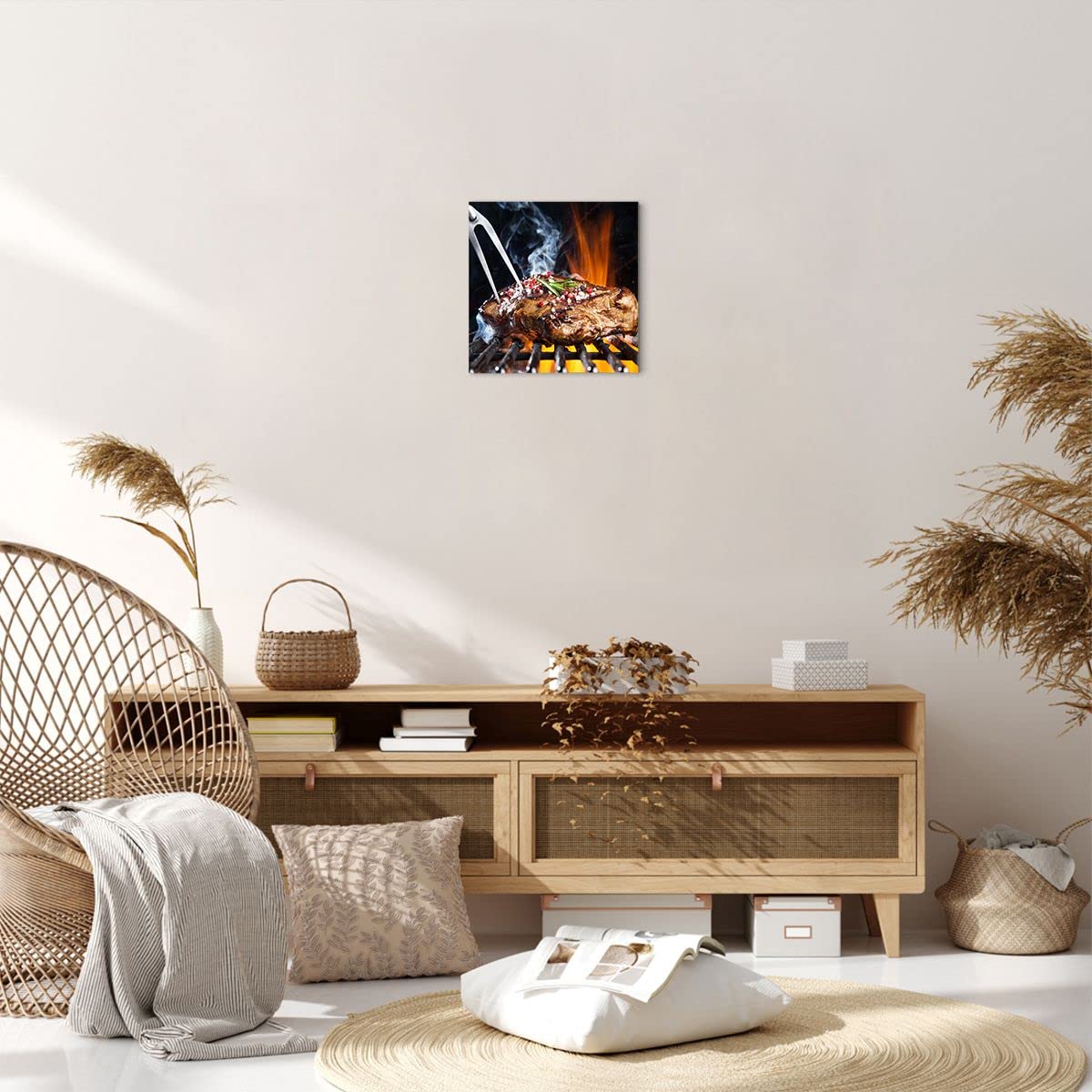Moderne Impression sur Toile Steak Grill Flames nourriture Image Tableau Decoration Murale 70x50cm Deco Cadre Décoration Salon Chambre Horizontal Tableaux Decoratifs Muraux Art Wall AA70x50-2865