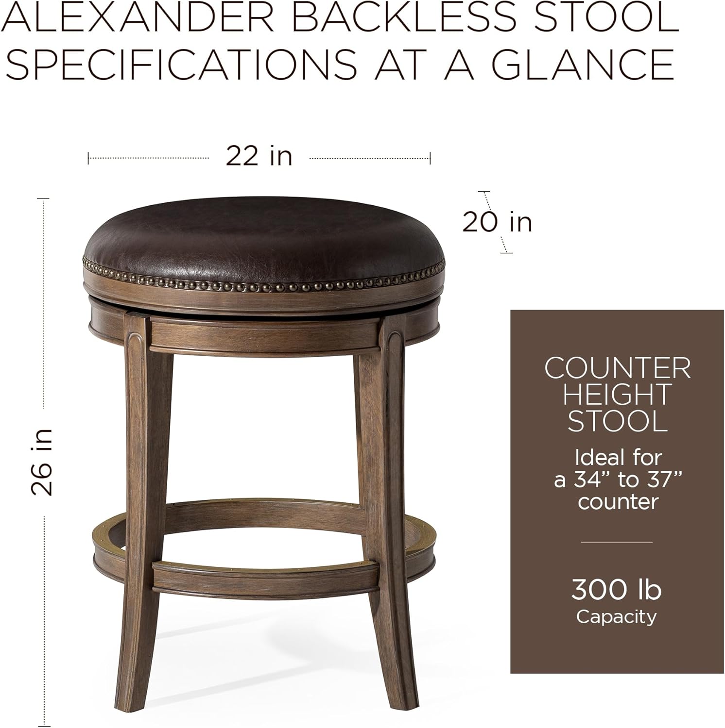Maven Lane Alexander Backless Counter Stool 26 Inches Swivel Stool with Footrest Brown Solid Wood and Dark Brown Faux Leather Upholstery Perfect for Kitchen Island and Counter