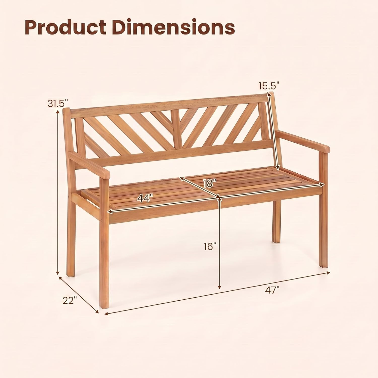 Giantex 2-Person Outdoor Bench, 47" Patio Acacia Wood Loveseat with Slatted Seat, Armrests & V-Shaped Backrest, Wooden Garden Seating for Backyard, Porch, Deck, Poolside