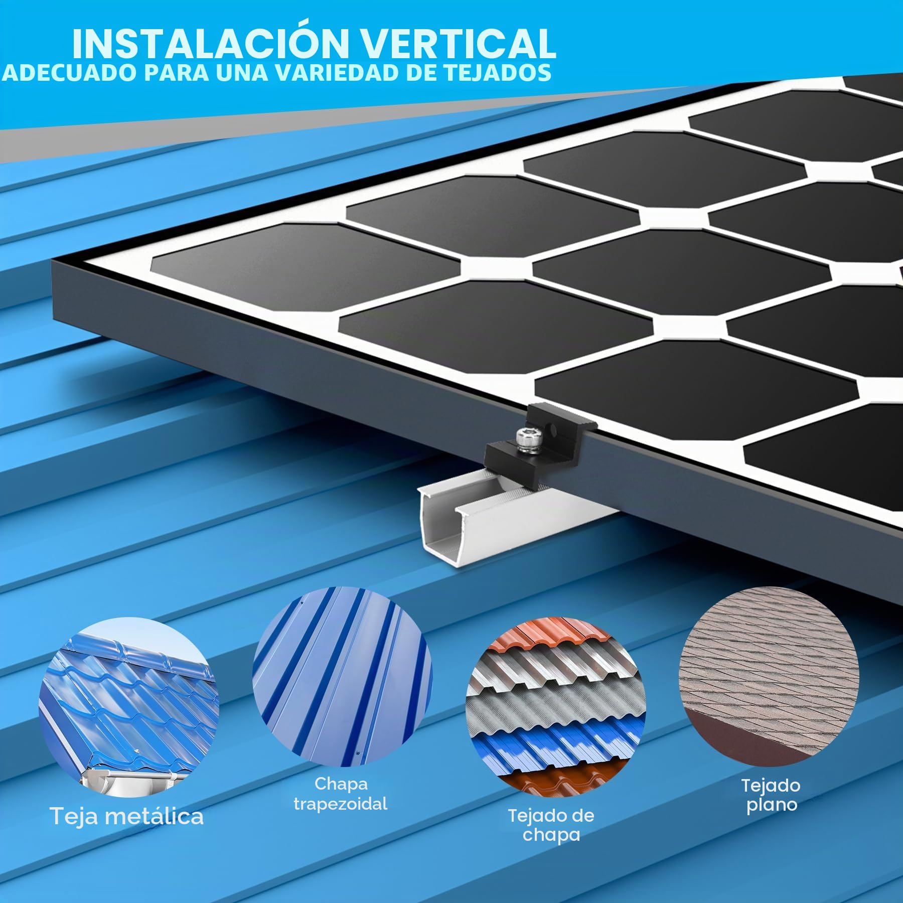 Kit de Montaje para Módulos Solares, Soporte Fotovoltaico para 4 Módulos, Riel Plateado de 12CM + Clips de Drenaje de Agua 30 mm + Abrazadera Ajustable para Módulos de 30-35MM de Grosor