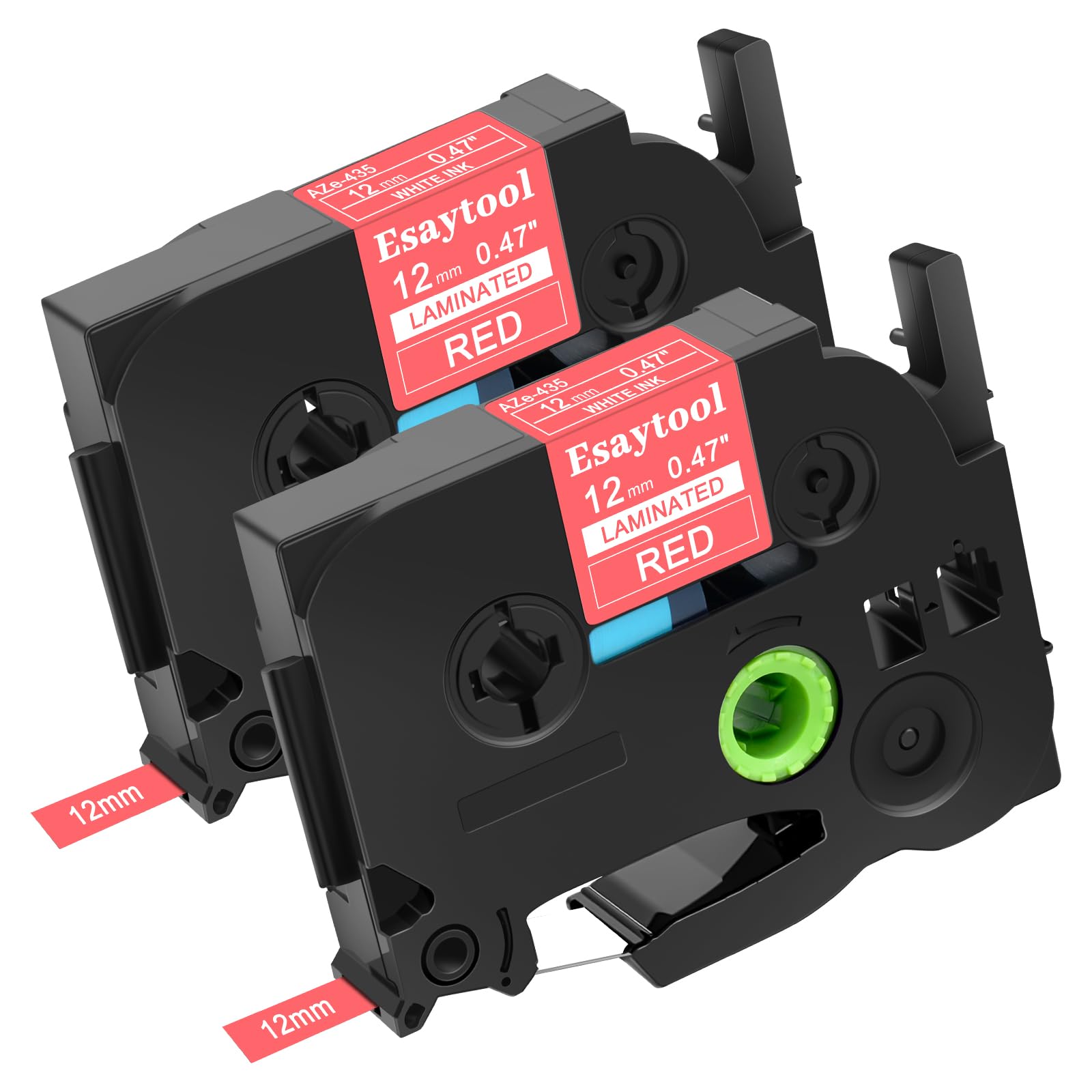 2 Pack Esaytool Replacement for P-Touch TZe-435 TZe435 TZ435 0.47" 12mm 1/2" White on Red Laminated Label Tape Compatible with Ptouch PT-D210 D220