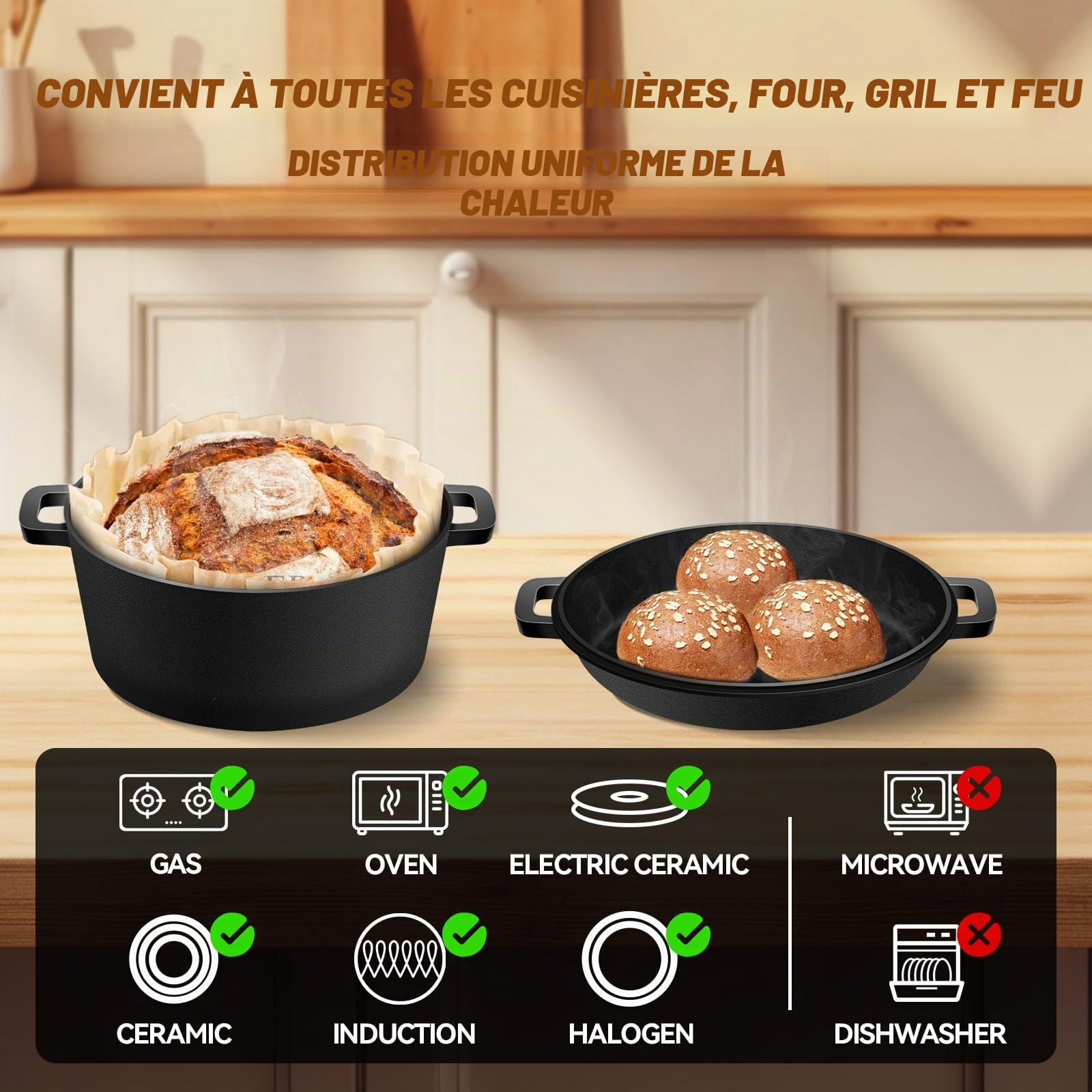 NZQXJXZ Casserole en Fonte pour la Cuisson du pain, 26cm Cocotte en Fonte avec Couvercle pour La Cuisson au four, Marmite 2 en 1 avec Poêle, 4.7L