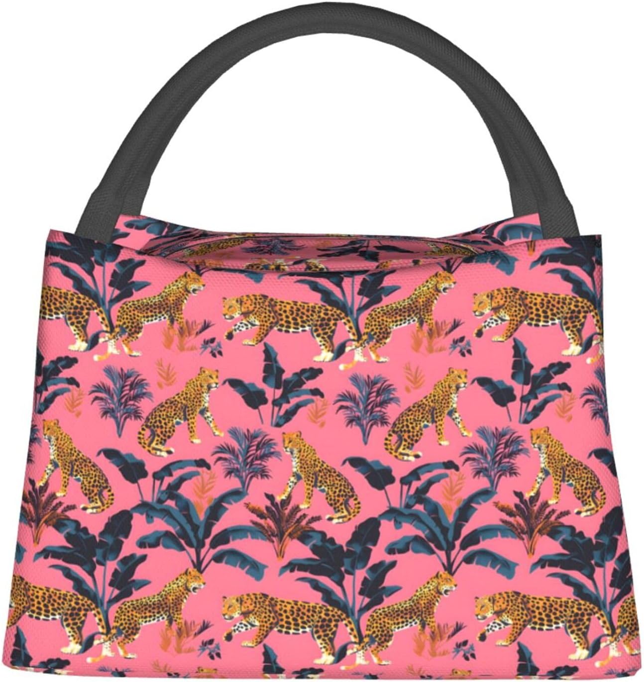 Jungle Leopard Insulated Lunch Box for Kids Adults,Reusable Tote Bag with Tropical Leaf,Portable Lunchbox Handbag,Makeup Bags Organizer Gifts for Work Office Travel Picnic,11x6.3x6.7in