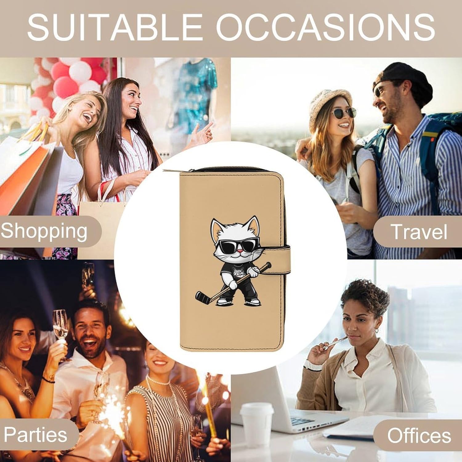 Ice Hockey Cat Player Stick Women's Long Wallet Leather Large Capacity Wristlet Clutch Purse Wallets