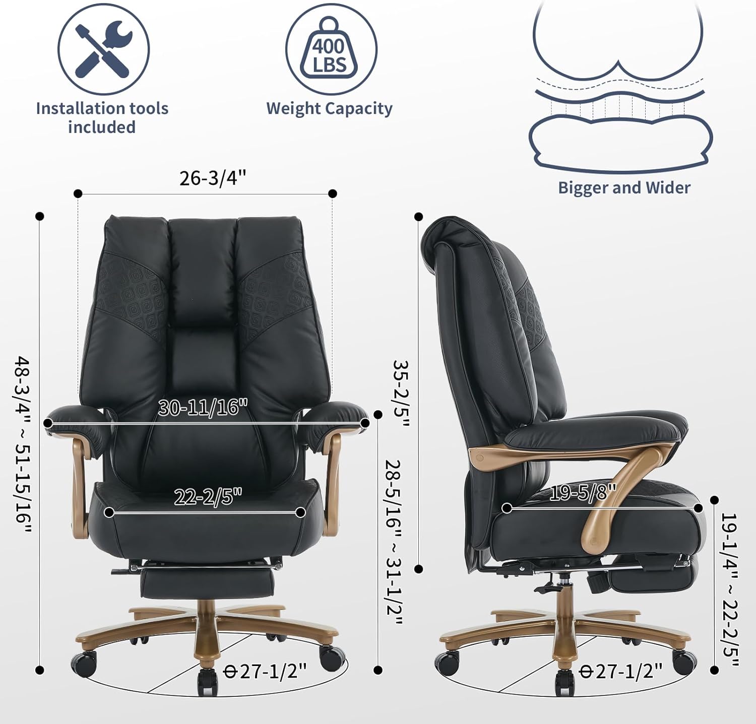 Big and Tall Executive Office Chair with Footrest, 400LBS Capacity Ergonomic High-Back Desk Office Chair with Lumbar Support, Padded Armrests & Thick Cushion, Black PU Leather Chairs - Image 2