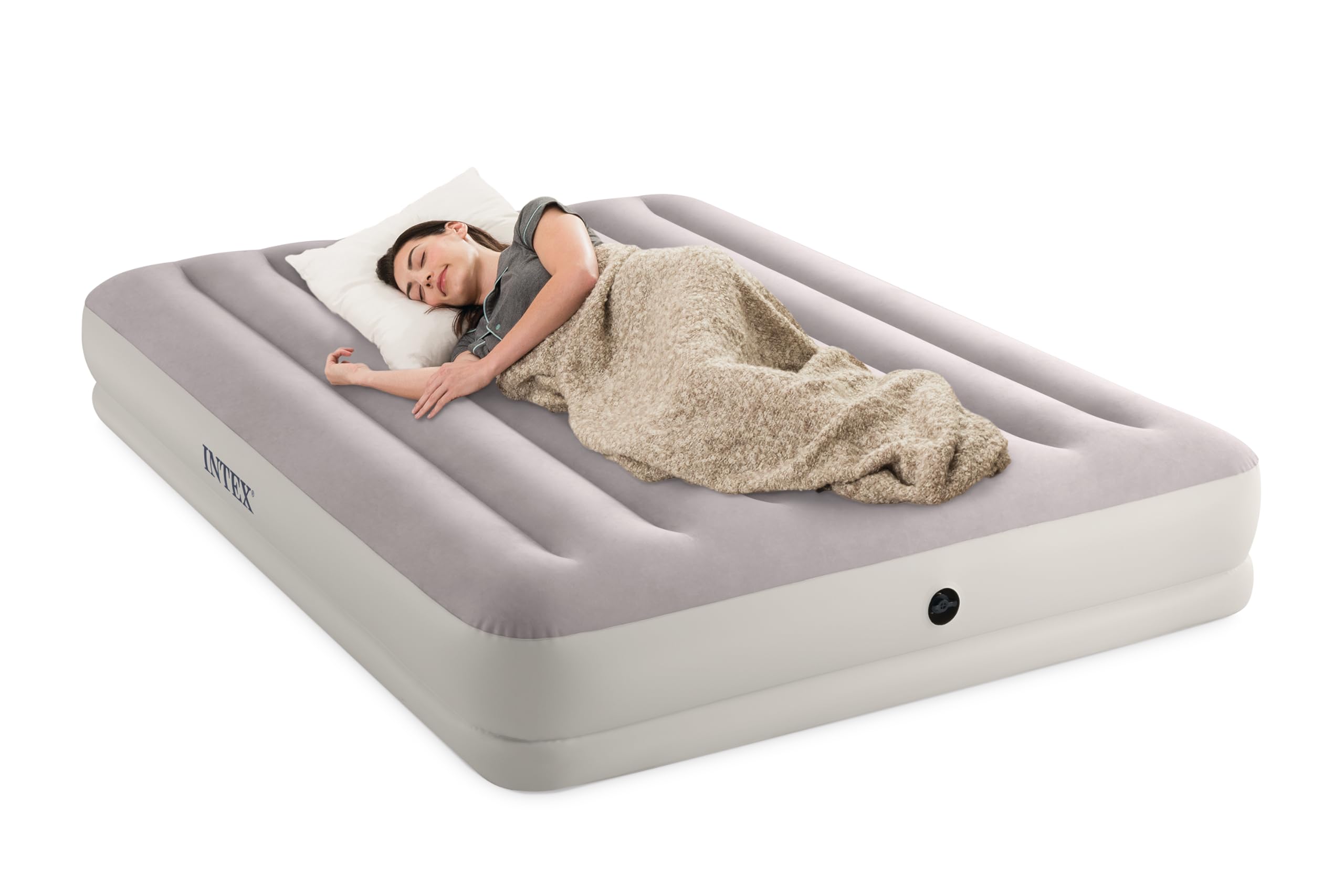 Intex 64179E Dura-Beam Standard Prestige Colchón de Aire de Altura Media: Fiber-Tech – Tamaño Queen – Bomba de Aire USB Quickfill – Altura de la Cama de 12 Pulgadas – Capacidad de Peso de 600 Libras