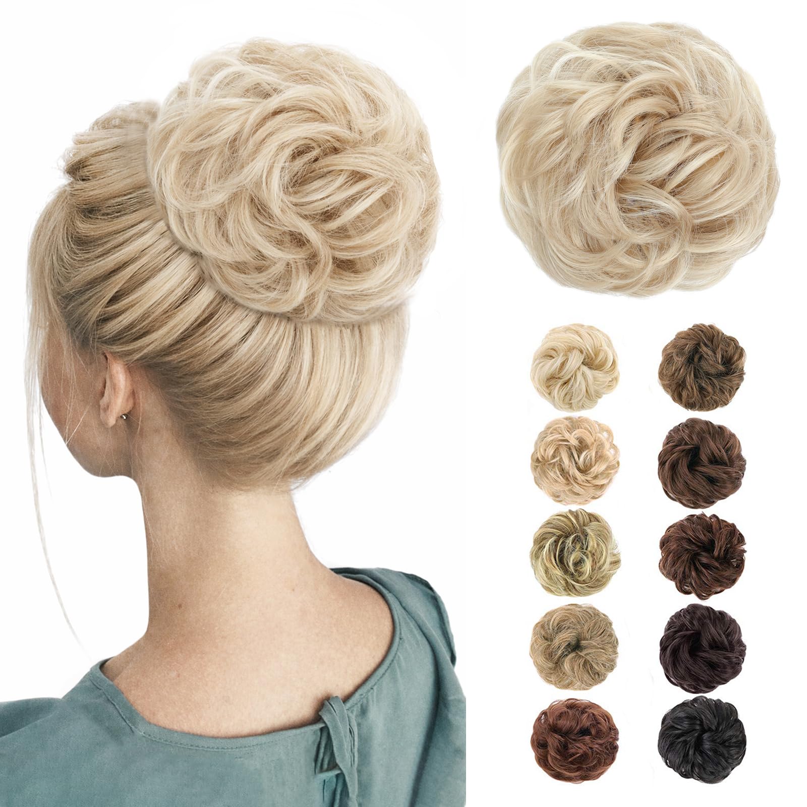MORICA Messy Bun Hair Piece for Women - Elastic Wavy Curly Fake Bun Hair Extension Chignon Ponytail Hairpieces for Women (Ash Blonde & Bleach Blonde)