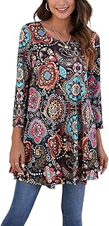 Blusa de verano para mujer, estilo casual, manga 3/4, talla grande, con diseño floral, cuello redondo suelto para leggings