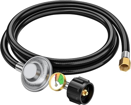 6FT QCC1 Propane Regulator Hose with Gauge for Outdoor Gas Grills | CSA Certified, 1/2PSI Stable Output, Color-Coded Fuel Gauge, Solid Brass, 3-Layer Flame-Retardant Hose, Auto Gas Shutoff