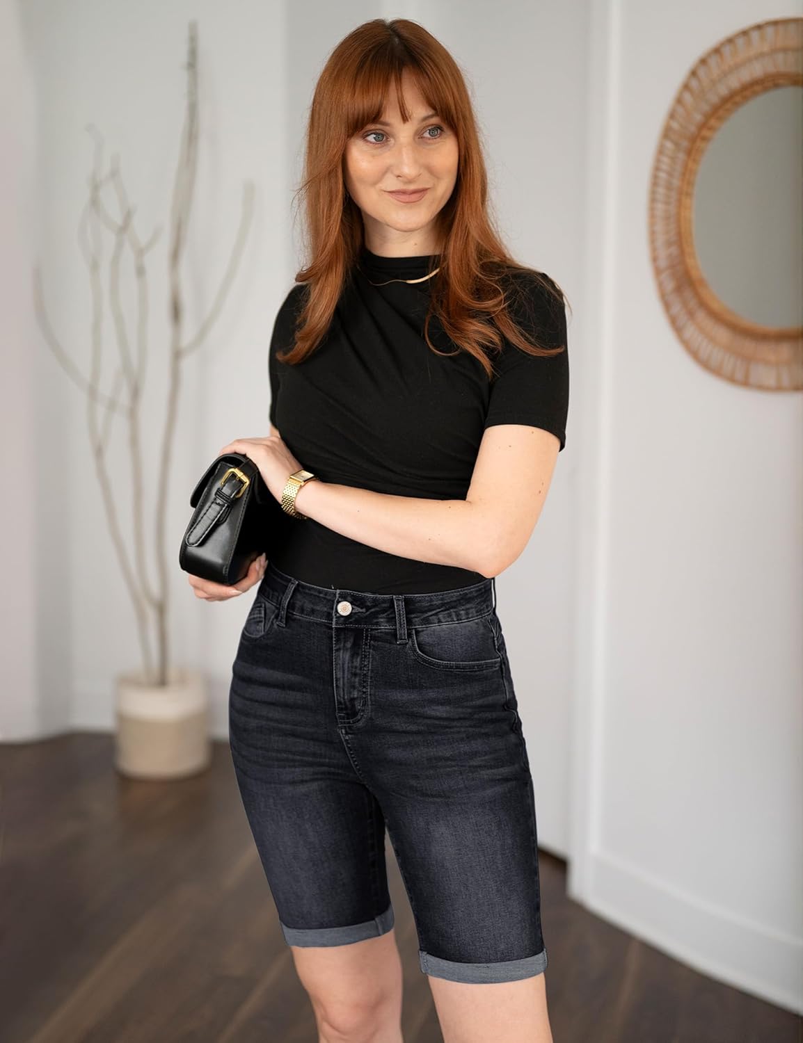 luvamia Bermuda Jean Shorts for Women Knee Length High Waisted Trendy Cuffed Hem Long Stretchy Denim Shorts Summer Jorts - Image 6