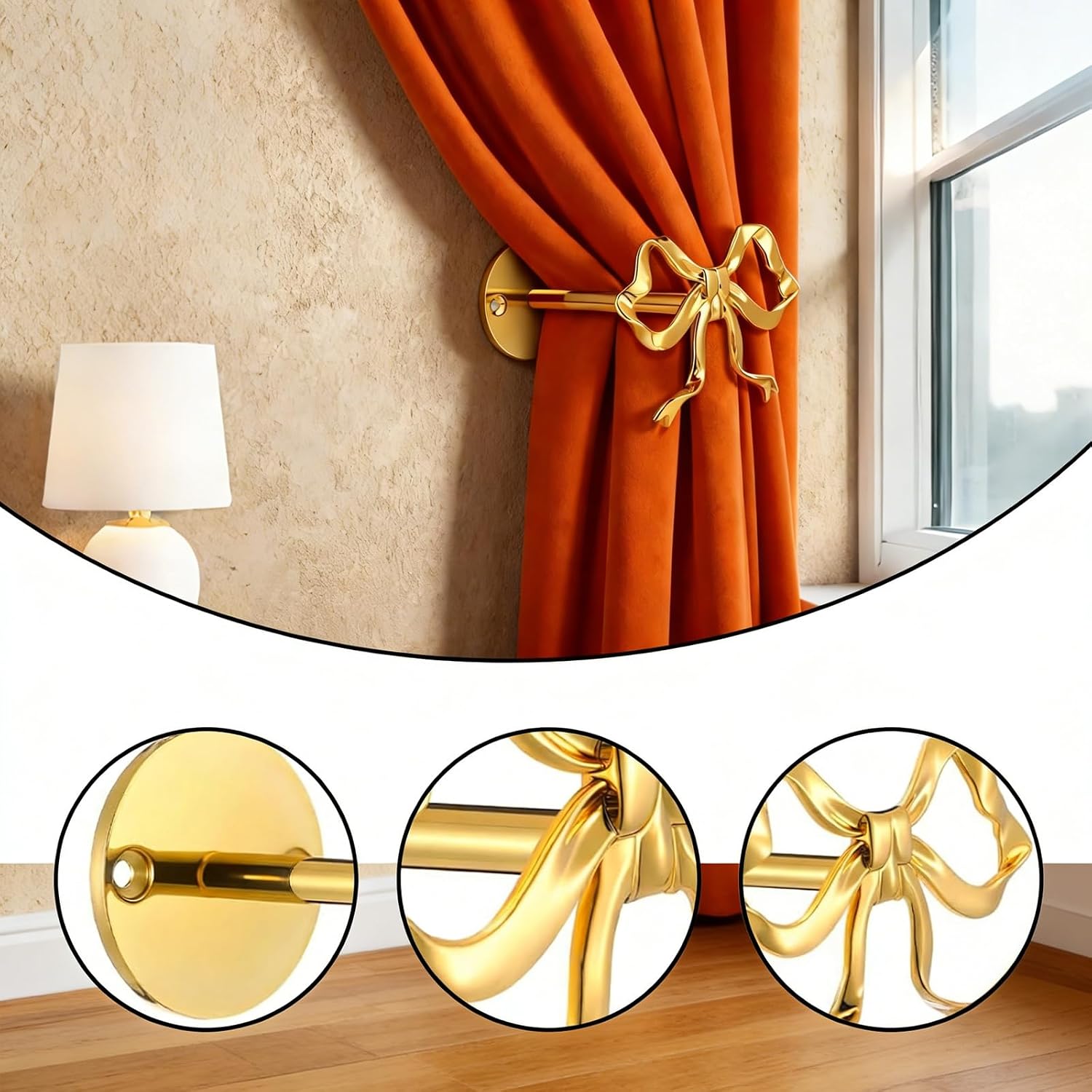 2-Piece Gold Bow Curtain Tiebacks, Metal Wall-Mounted Curtain Holdbacks, Gold Holders for Living Room, Bedroom, Office, and Home Decor