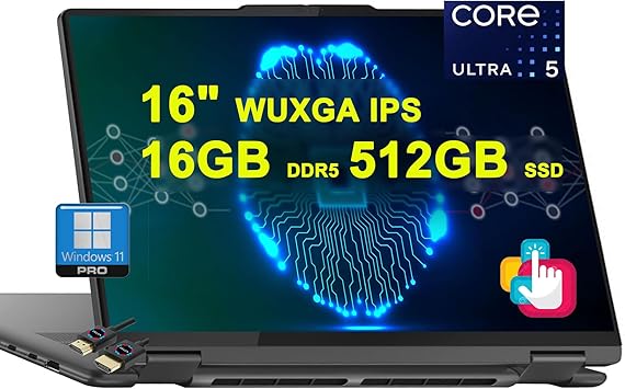 Lenovo Yoga 7 16 2-in-1 AI PC Laptop | 16" WUXGA Touch | Intel 12-core Ultra 5 125U >i7-1335U | 16GB DDR5 512GB SSD Backlit Fingerprint Thunderbolt FHD Camera Win11Pro w/DLCA Accessory