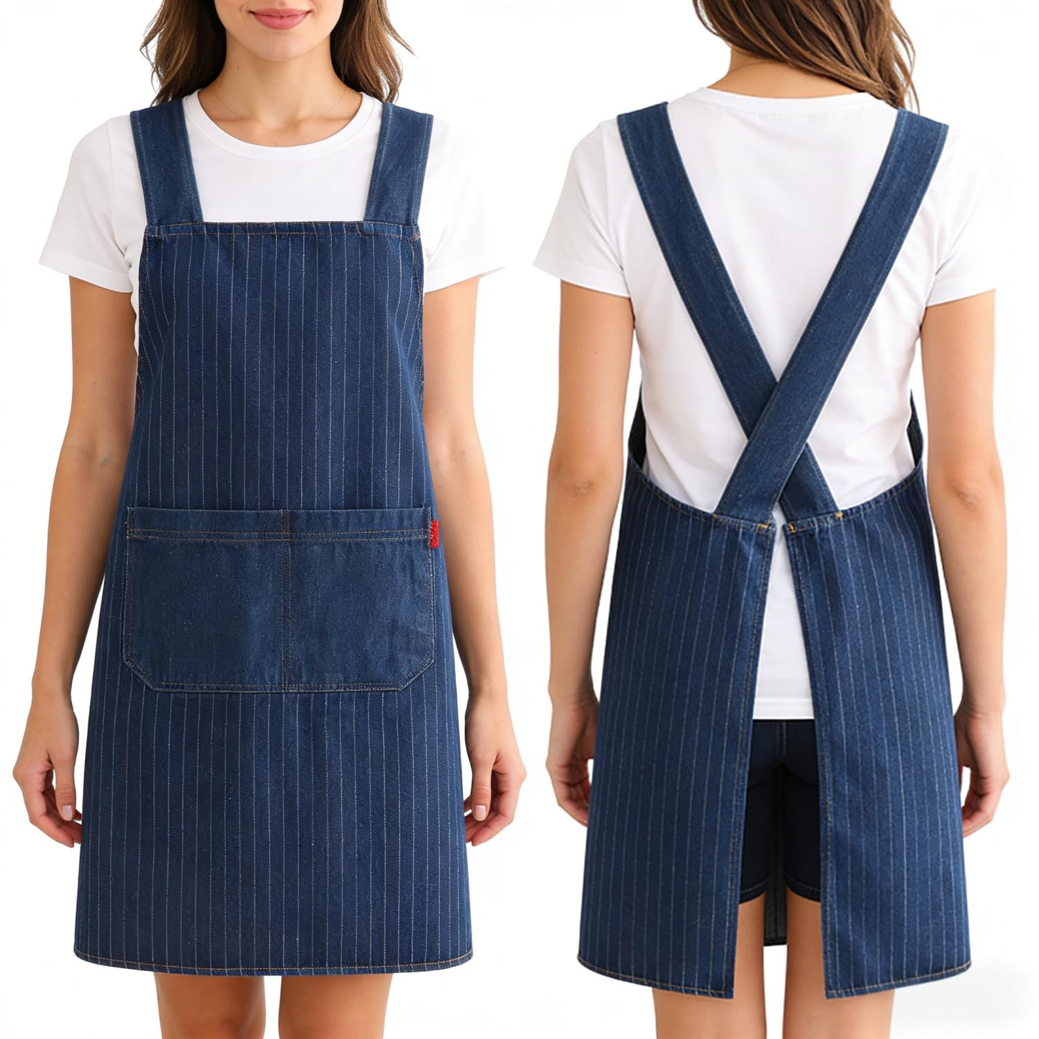Jour Kitchen Apron, Lightweight No-Tie Slip-On Apron with Front Pockets, Jean Apron for Women Men, Chef Apron No Back Ties, Quick On & Off for Home Garden Kitchen BBQ Restaurant Barber (Stripes)