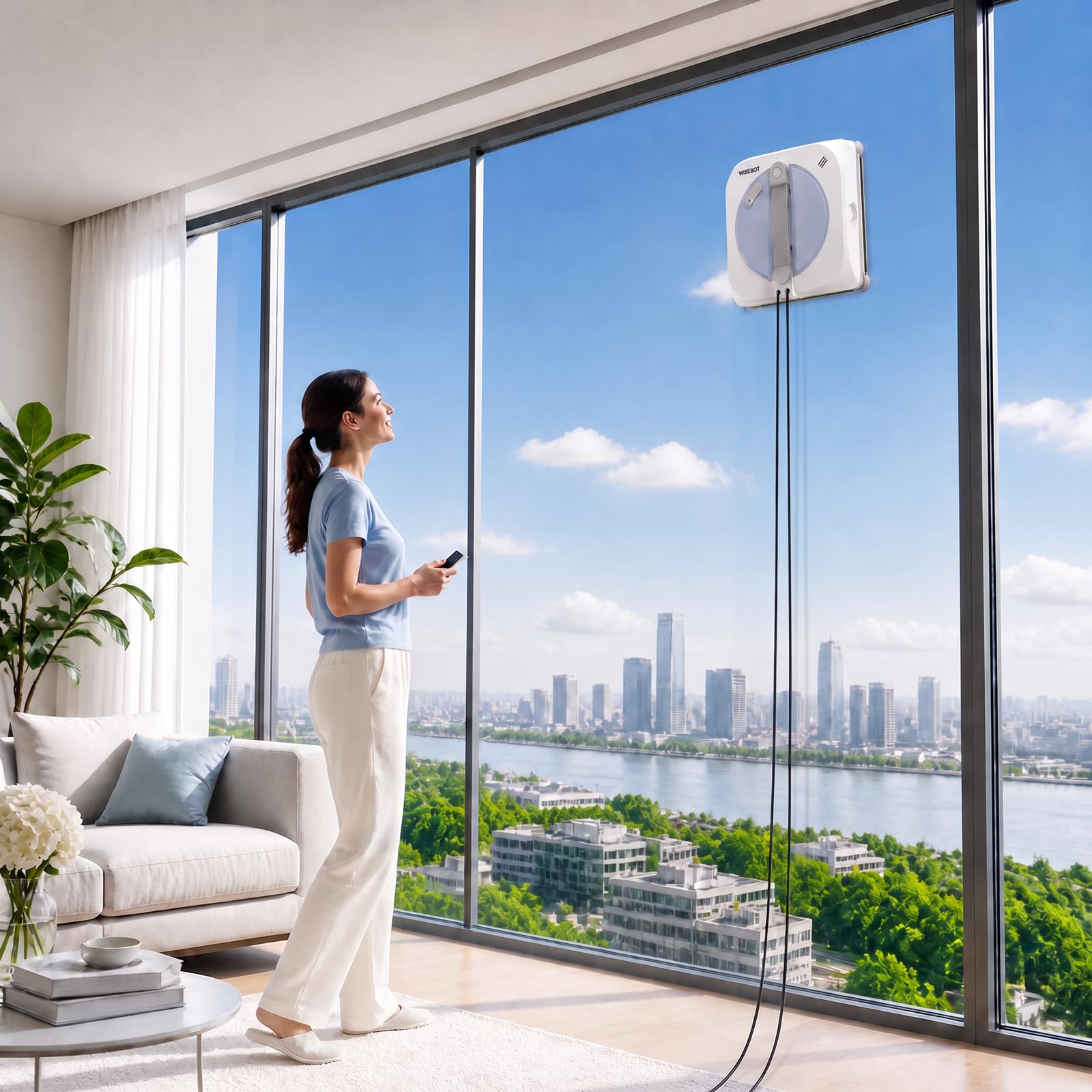WISEBOT Fensterputzroboter KI-Navigation, 3-Fach Spray, Eckenreinigung(Perlweiß)