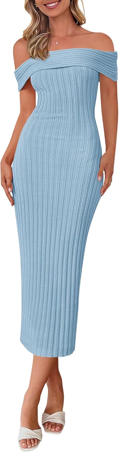 PRETTYGARDEN Summer Dresses for Women 2025 Formal Off The Shoulder Midi Bodycon Ribbed Knit Spring Wedding Guest Dress Light Blue Large