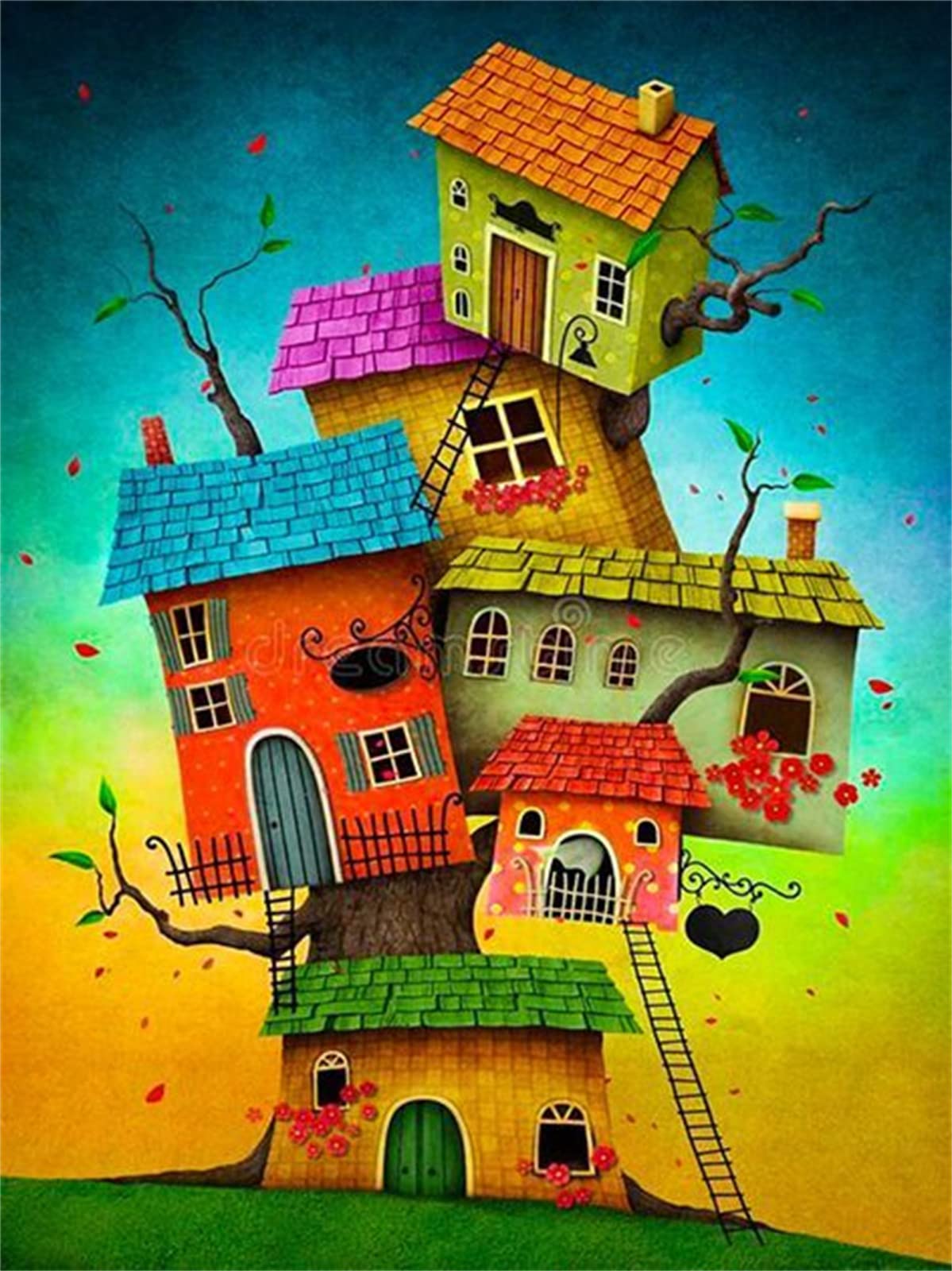 Malen Nach Zahlen „Cartoon-Haus“ Für Erwachsene & Anfänger – DIY Ölgemälde Auf Leinwand 60x75 Cm Inkl. Pinsel & Farben