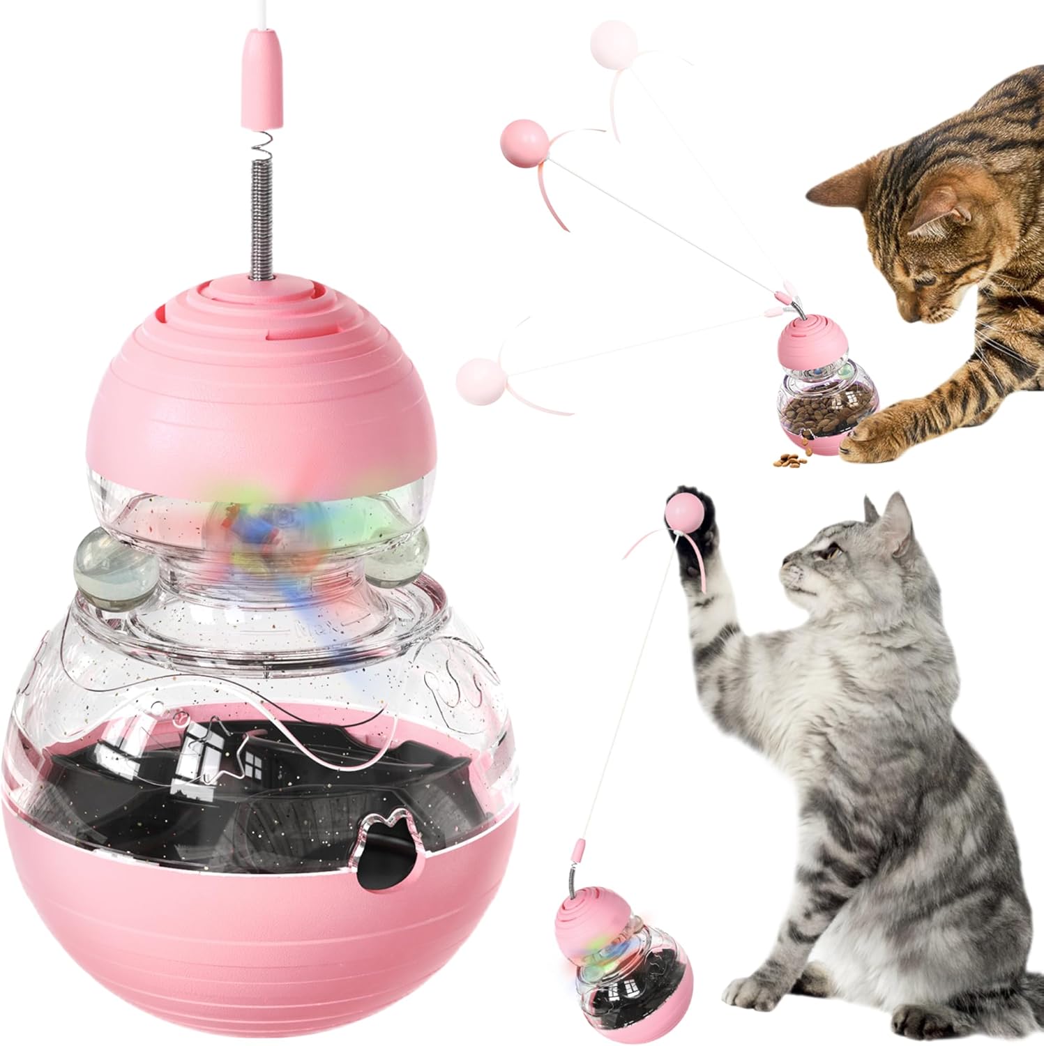 Interactive Cat Toy for Bored Indoor Cats, Tumbler Design with Teaser Wand, Cat Food Dispenser & Treat Puzzle Toy, Kitten Enrichment Toys for Mental Stimulation & Slower Eating (Pink)