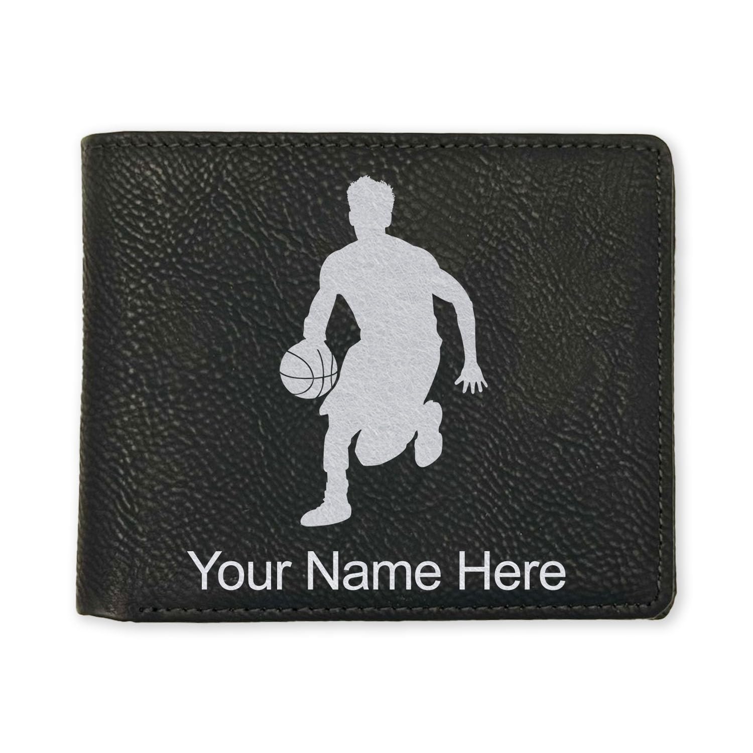 LaserGram Faux Leather Bi-Fold Wallet, Basketball Player Man, Personalized Engraving Included (Black with Silver)