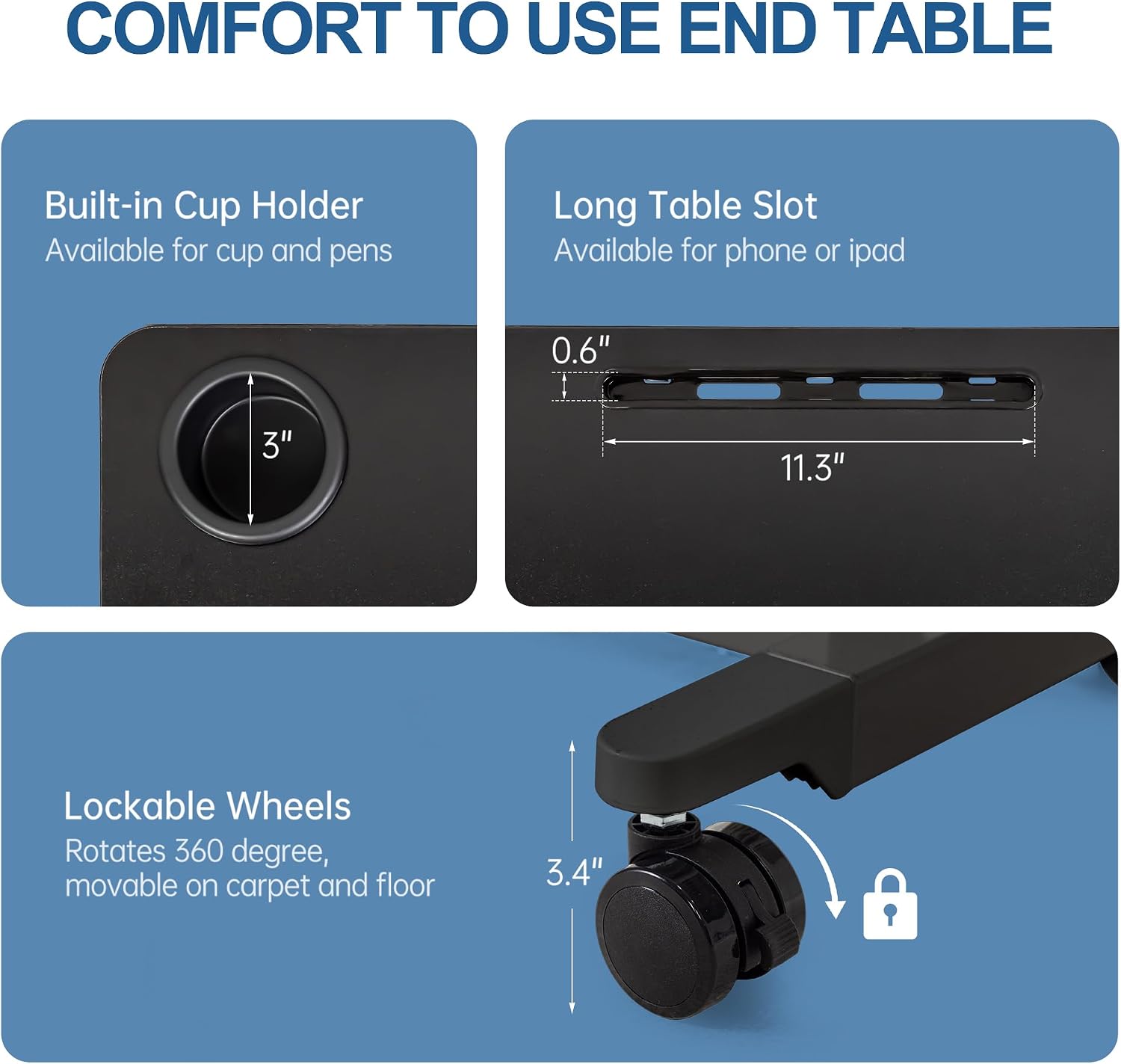 Height Adjustable Overbed Table with Wheels, Rolling Laptop Standing Desk, Portable Bedside Tables with Slot, Cup Holder, Mobile Pneumatic Computer Cart, Black