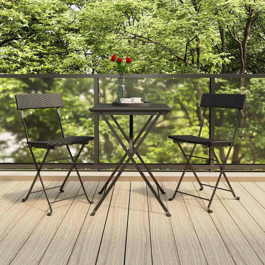 Set da bistrò pieghevole in polyrattan nero, 3 pezzi | Telaio in acciaio verniciato a polvere, resistente alle intemperie, facile da pulire, 110 kg per seduta