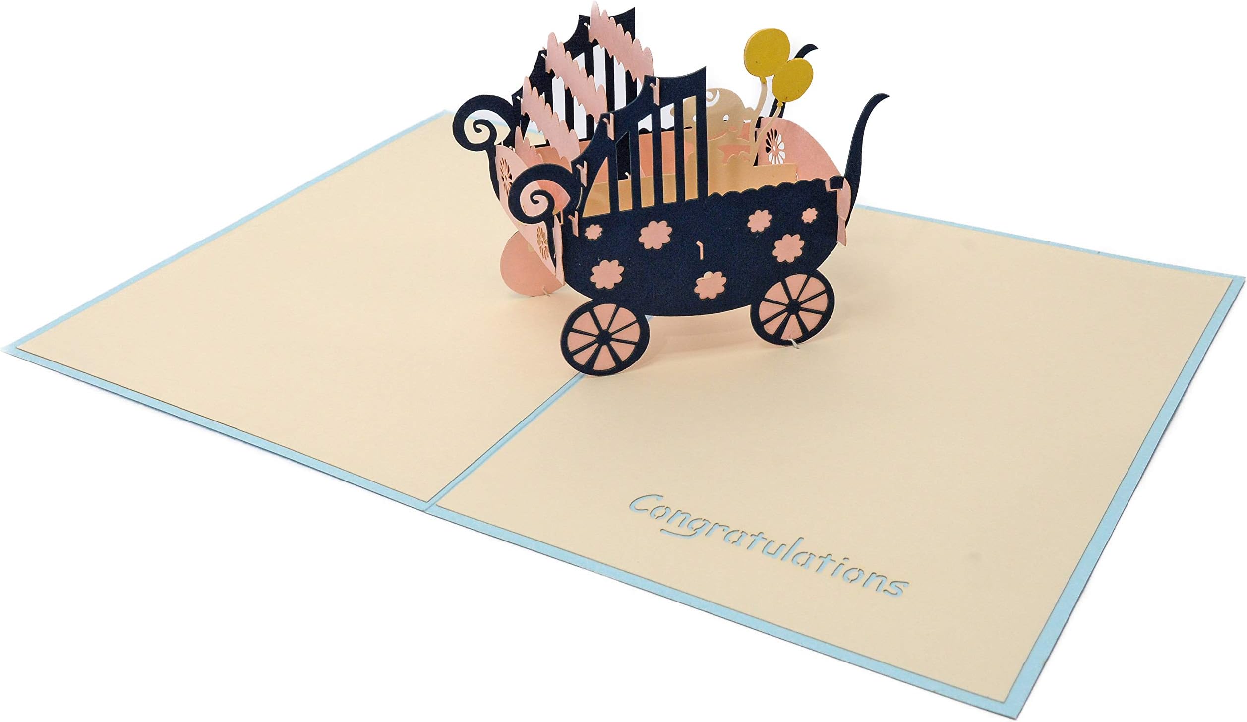 Favour Pop Up Greeting Card for Birth Baby Pushchair. Stylish, sophisticated, handmade and elaborate laser technology creates a delicate work of art in the smallest amount of space. TN-014