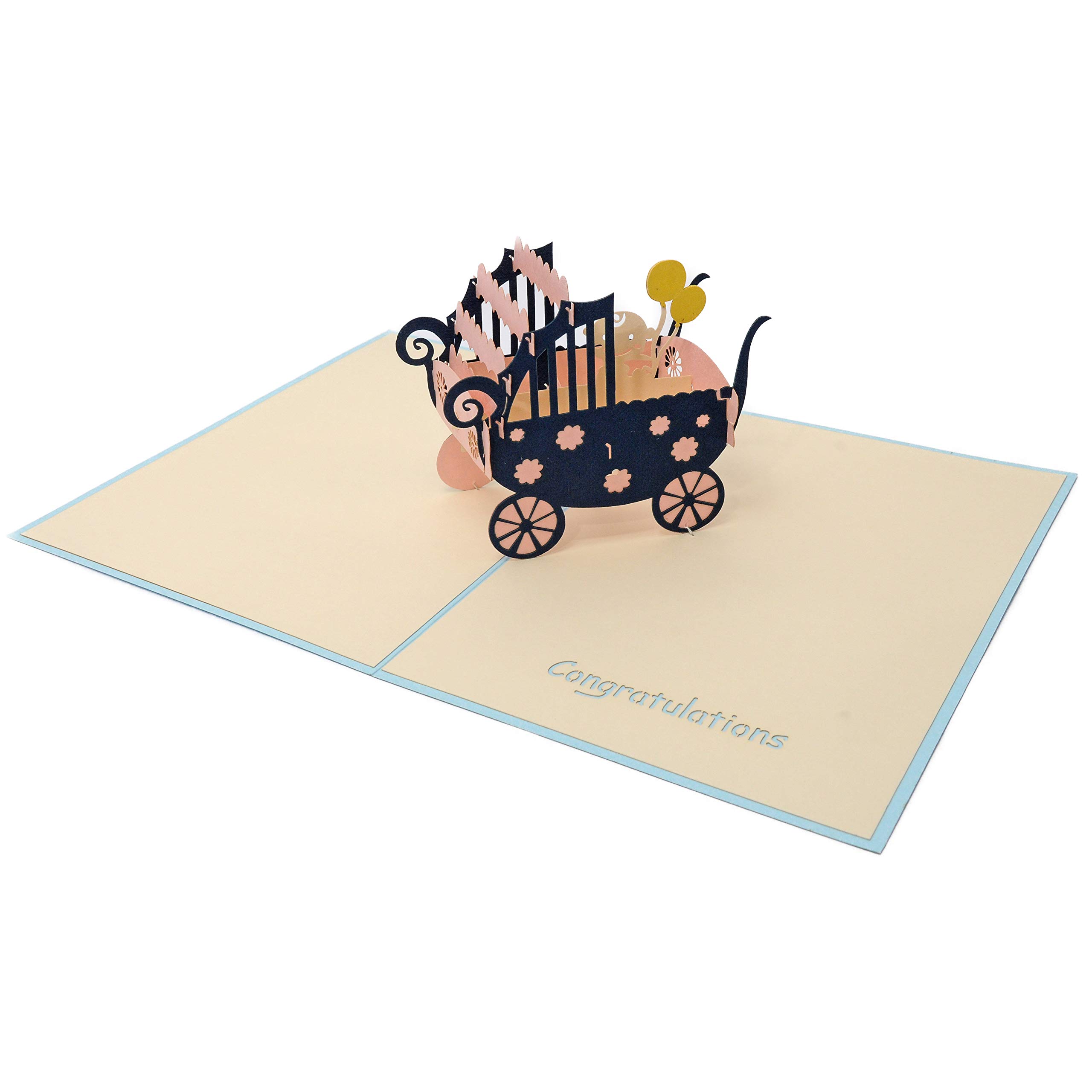 Favour Pop Up Greeting Card for Birth Baby Pushchair. Stylish, sophisticated, handmade and elaborate laser technology creates a delicate work of art in the smallest amount of space. TN-014