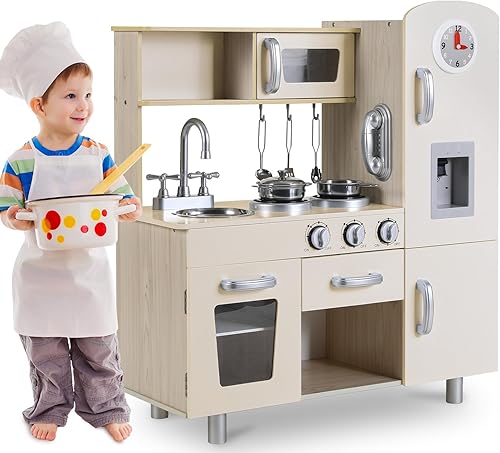 MAMIZO Juego de cocina para niños, cocina preescolar, juguete de madera para niños pequeños con nevera, estufa, utensilios de cocina, teléfono,