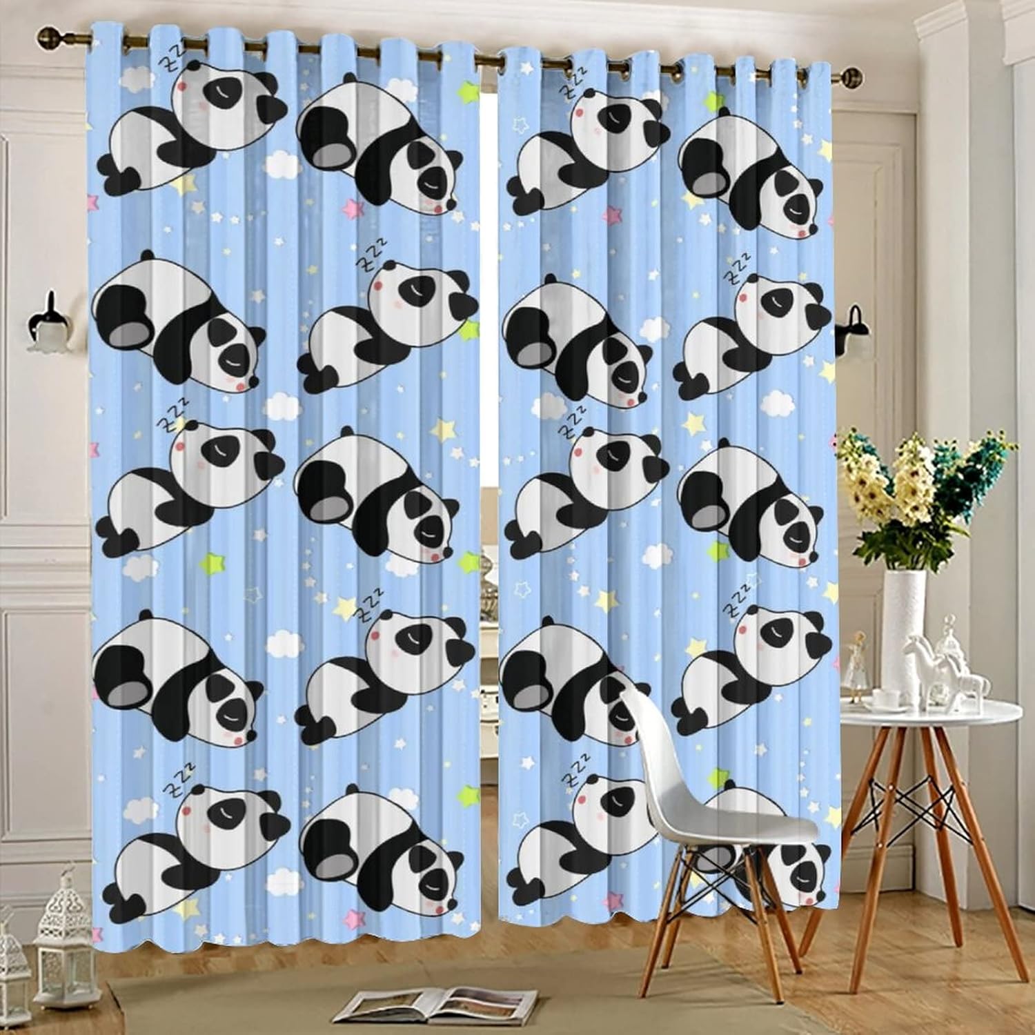 Kids Boys Cartoon Panda Ultra Soft Premier Blackout Curtains,Funny Cute Sleeping PandaThermal Insulated Bedroom Noise Reducing Patio Door Grommet Top,2 Panels 63L x 21W