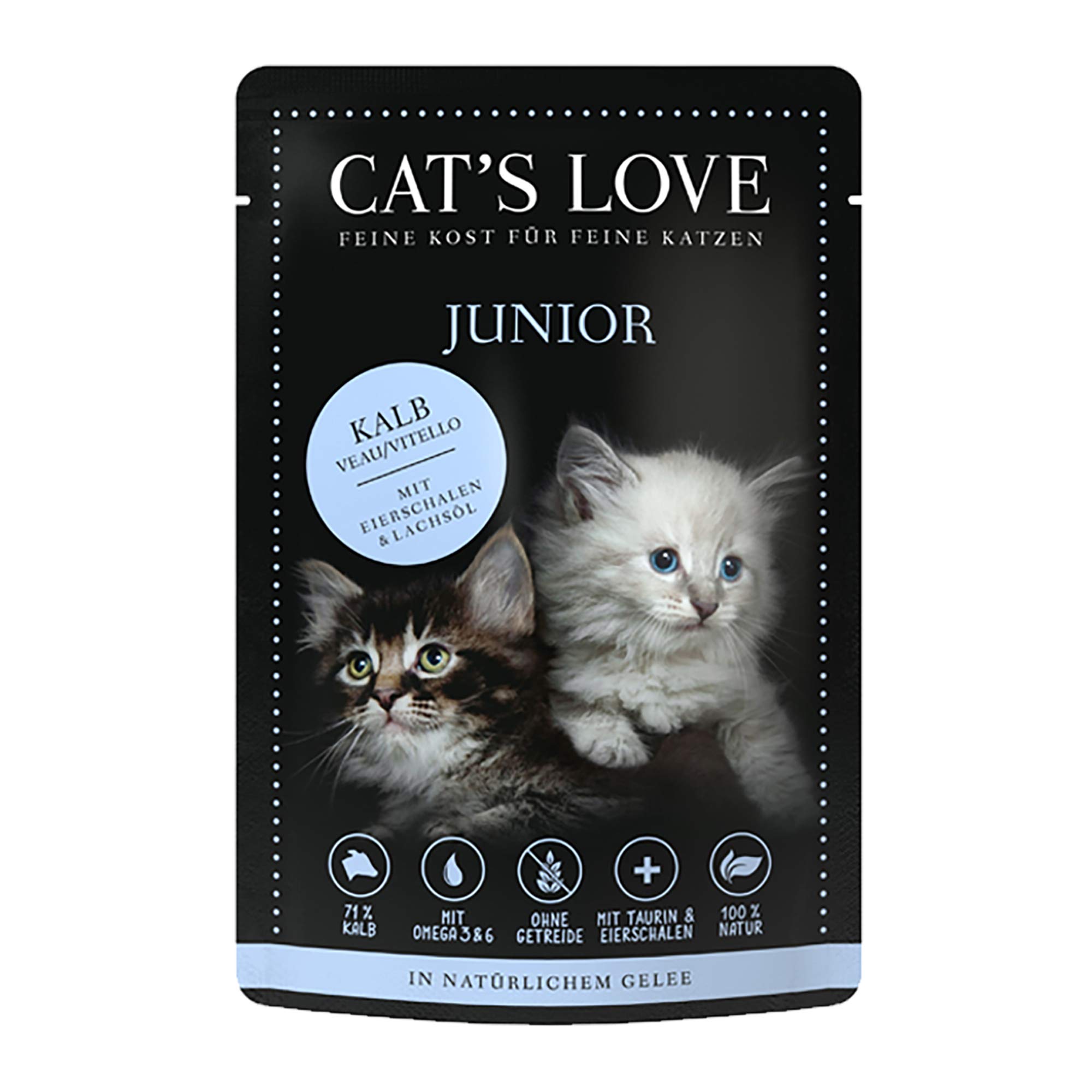 Cat´s Love Junior karma dla kotów, mokra karma dla kotów, pura, bez zbóż, sztuczne barwniki i substancje wabiące, cukier (cielęcina, 24 x 85 g)