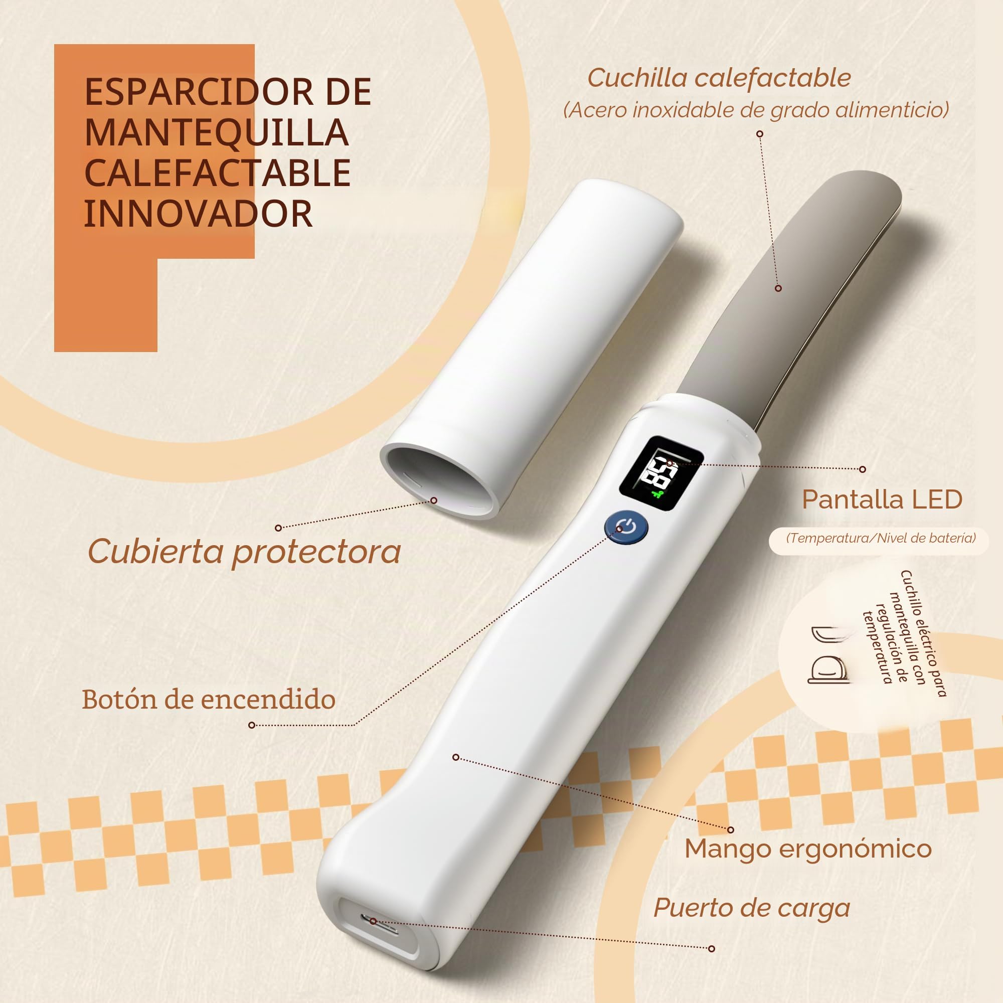 Cuchillo Esparcidor con Calor, Eléctrico Inteligente Cuchillo Cortador Mantequilla Acero Inoxidable, Temperatura Ajustable (55 °C/70 °C), Resistente al Agua, Recargable, para Mantequilla Dura, Queso
