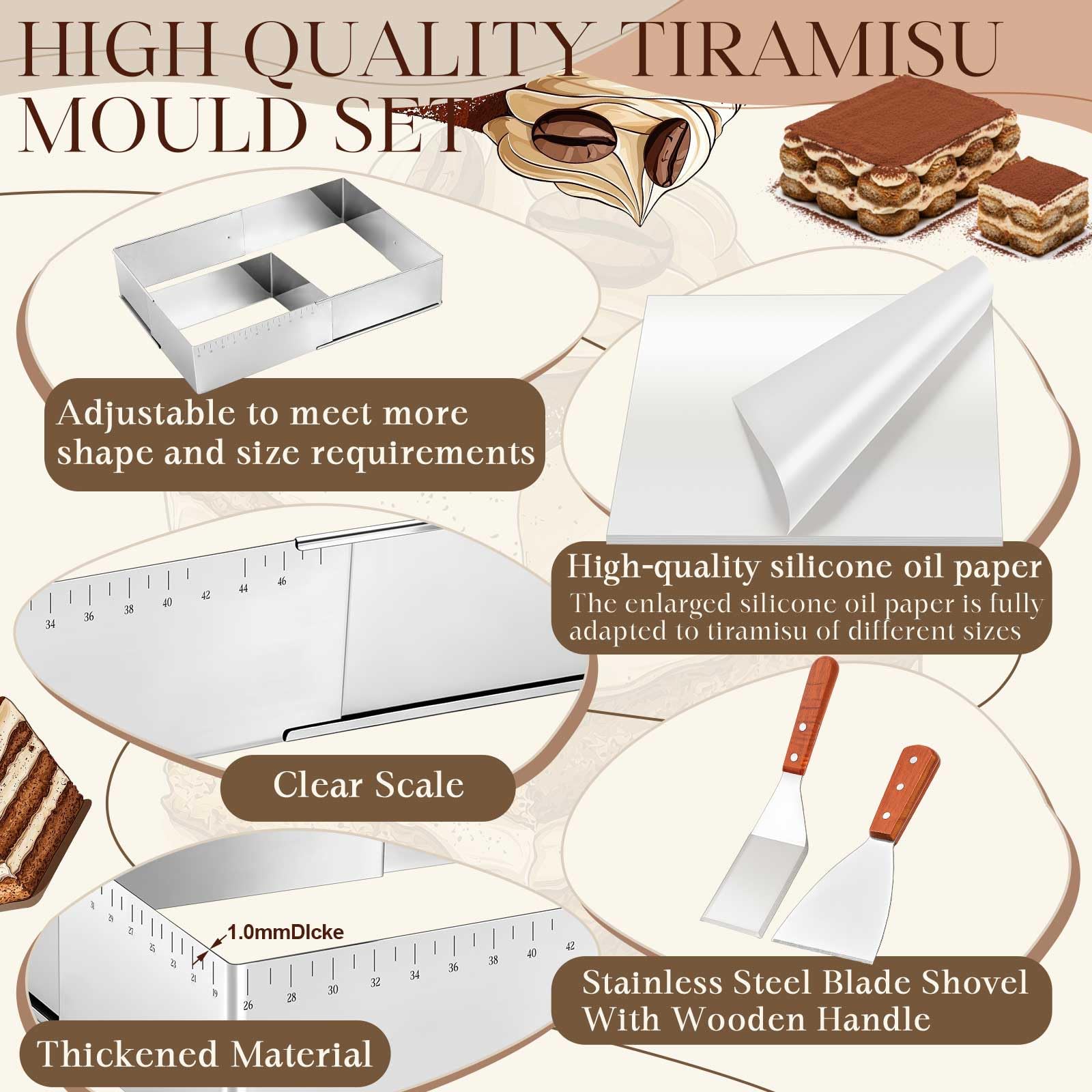 Blushtier Juego de 13 moldes de tiramisú extensibles rectangulares para tartas, moldes ajustables de acero inoxidable para mousse de 45,7 x 33,0 x 10,2 cm con raspador de pergamino para hornear