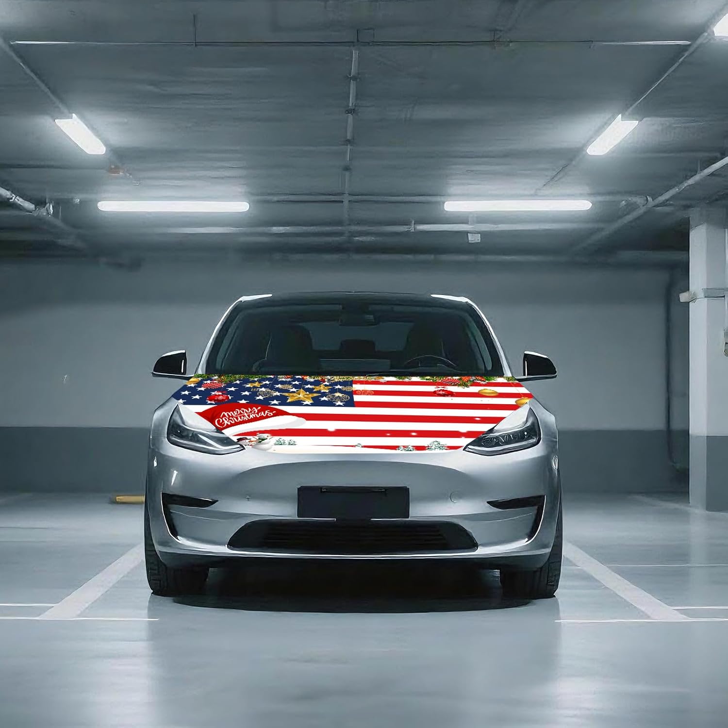 Christmas Car Hood Cover,American Flag Car Hood Cover, Elastic Polyester, Universal Fit, 3.5x5 Ft, Stretchable Automotive Bonnet Banner