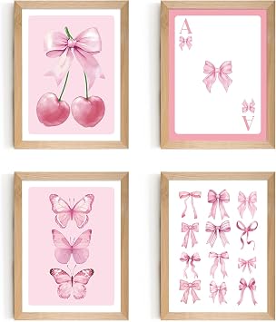 Set of 4 Framed Pink Bow Wall Art Prints Decor,12x16Coquette Trendy Preppy Wall Decor Cherry Butterfly Canvas Wall Art Prints Framed Nursery Children Artwork Girls Playroom Bedroom Decoration