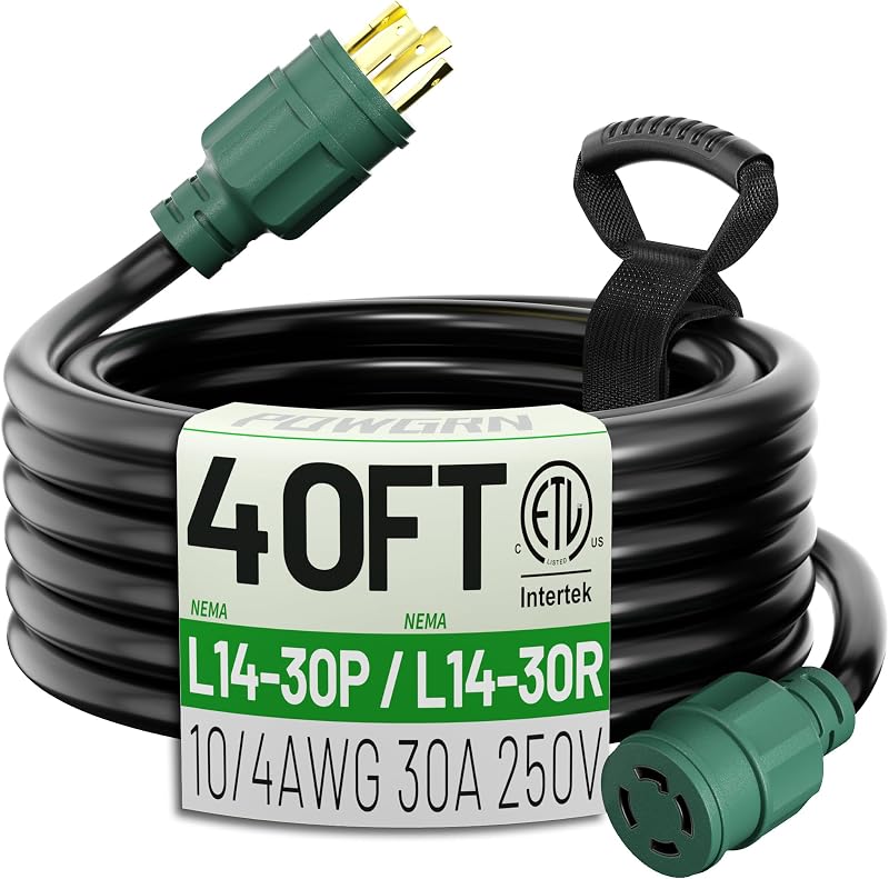 40FT 30 Amp Generator Extension Cord L14-30P/L14-30R, STW ETL Listed | 4 Prong Heavy Duty 10 Gauge Twist Locking Generator to House Power Cords with Cord Organizer, 40 Foot 7500W Waterproof Green