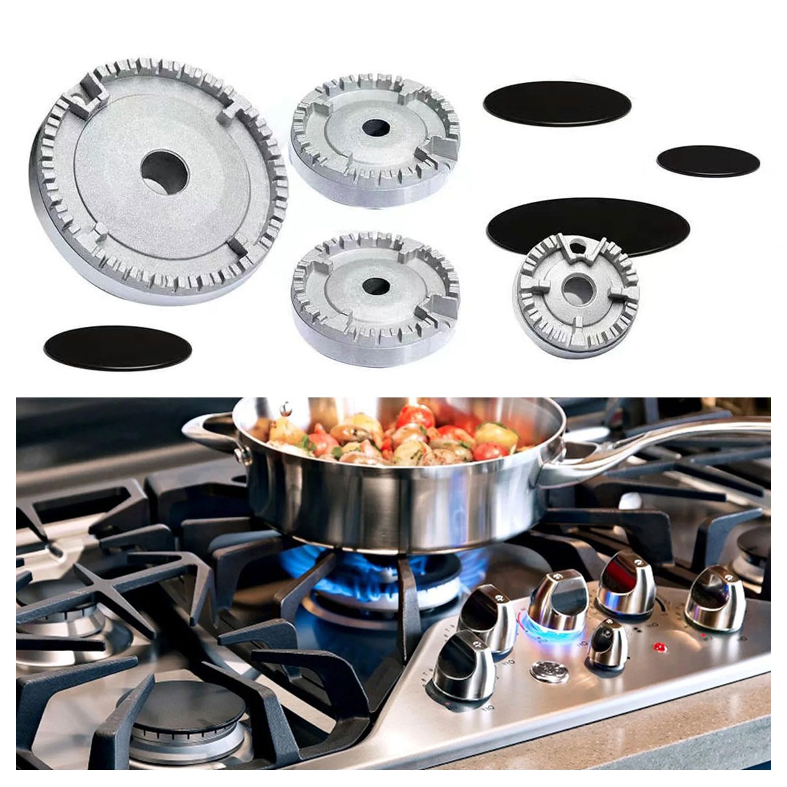 Juego de cubierta de cocina de gas, 6 tapones de llama y 5 quemadores de gas, juego de cubierta para 5 hornillos, repuesto para cocinas de gas para