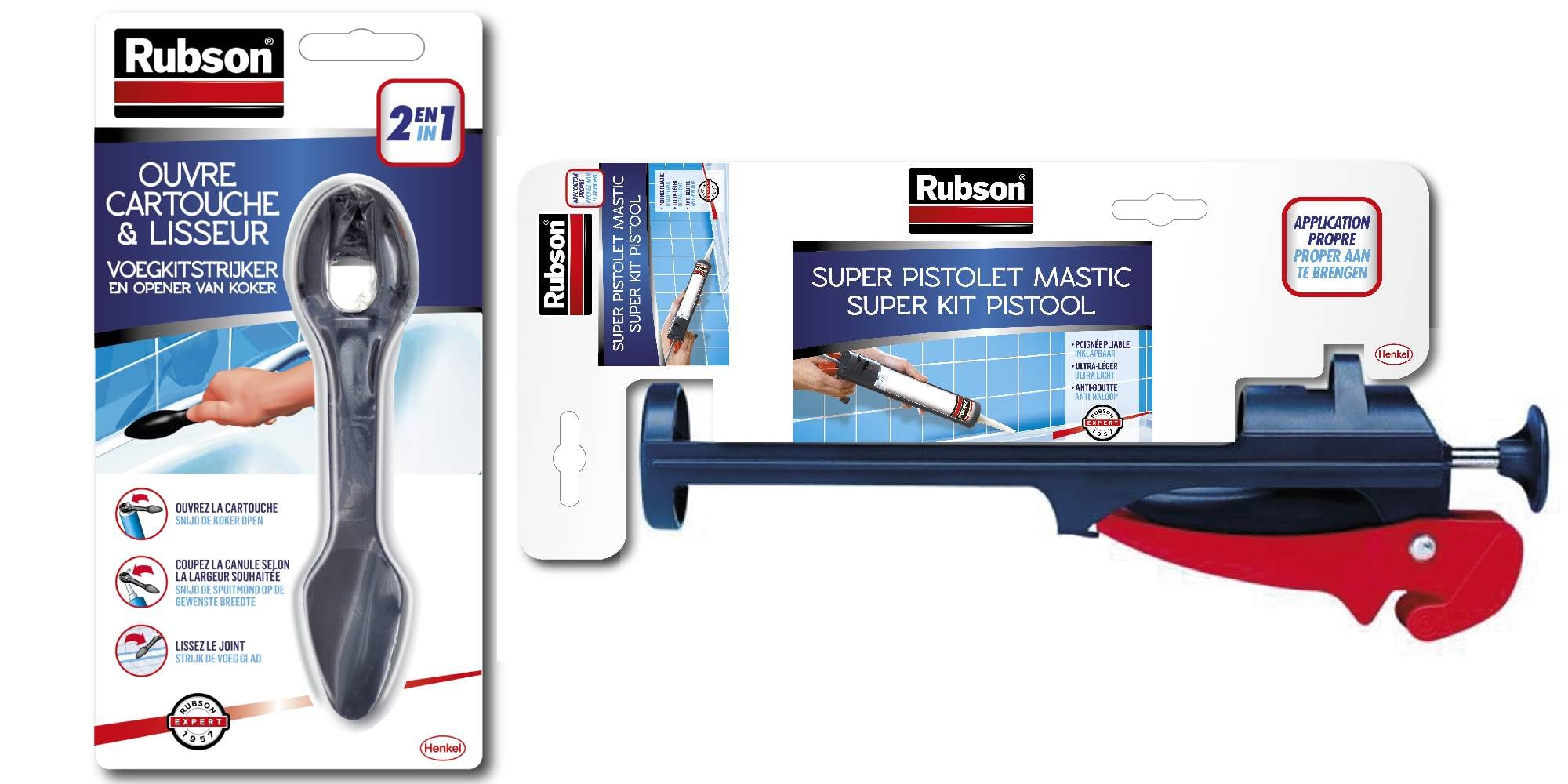 Pistolet extrudeur pour mastic RUBSON kit complet pliable avec ouvre-cartouche et lisseur