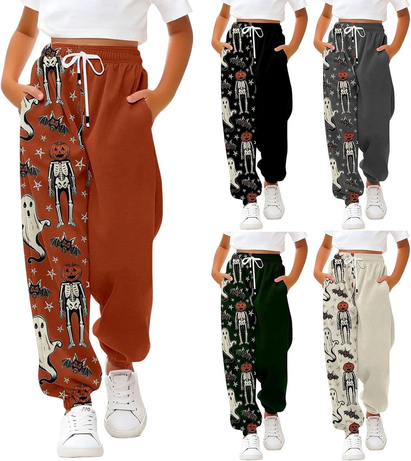 Girls Sweatpants Spooky Halloween Joggers High Waisted Trousers Drawstring Jogger Pants Pumpkin Ghost Bat Graphic Trousers