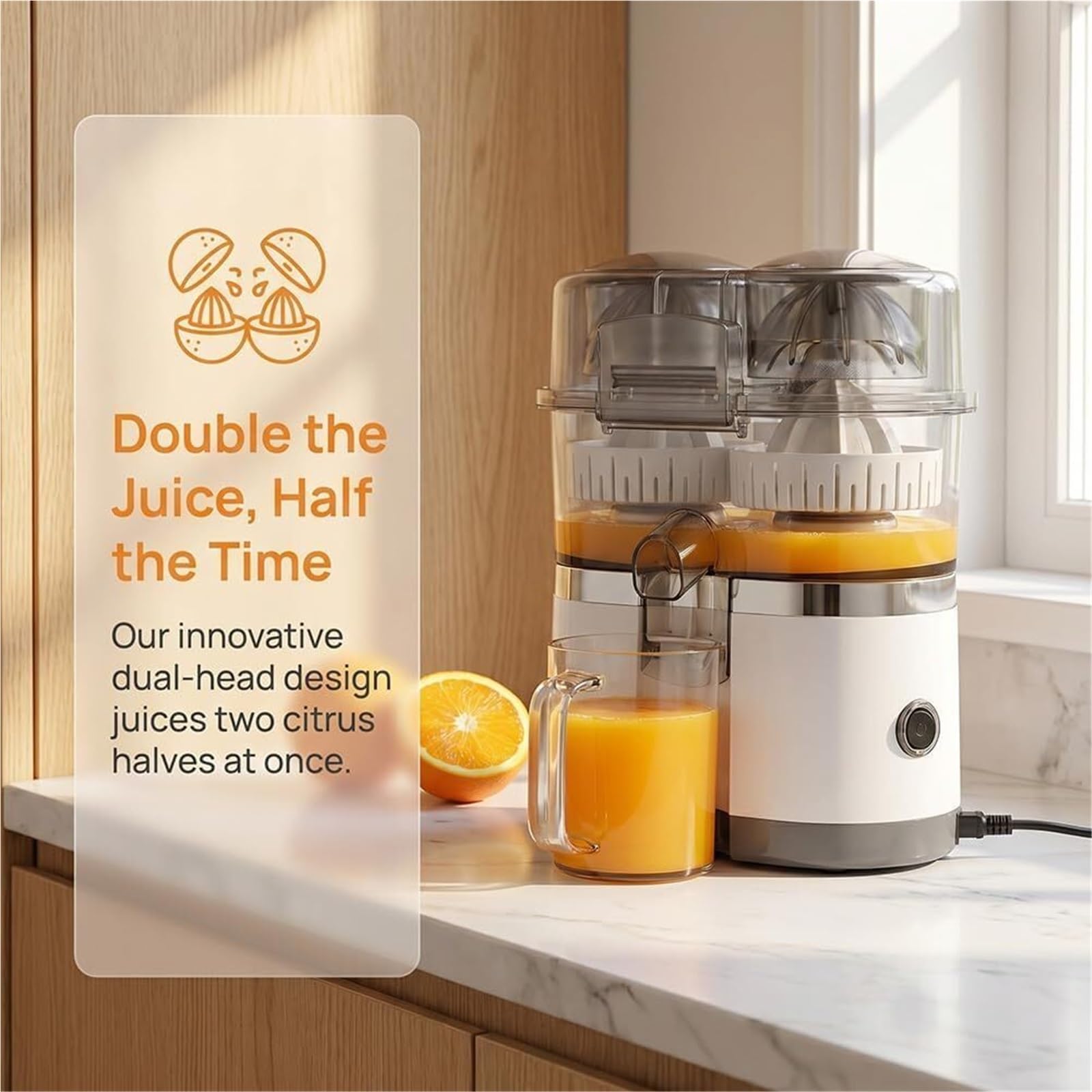 Exprimidor automático de cítricos de doble cabeza, exprimidor eléctrico de cítricos naranja con función de 1 botón, para naranja fresca, limón, lima, kiwi, pomelo, fácil de limpiar y usar (negro)