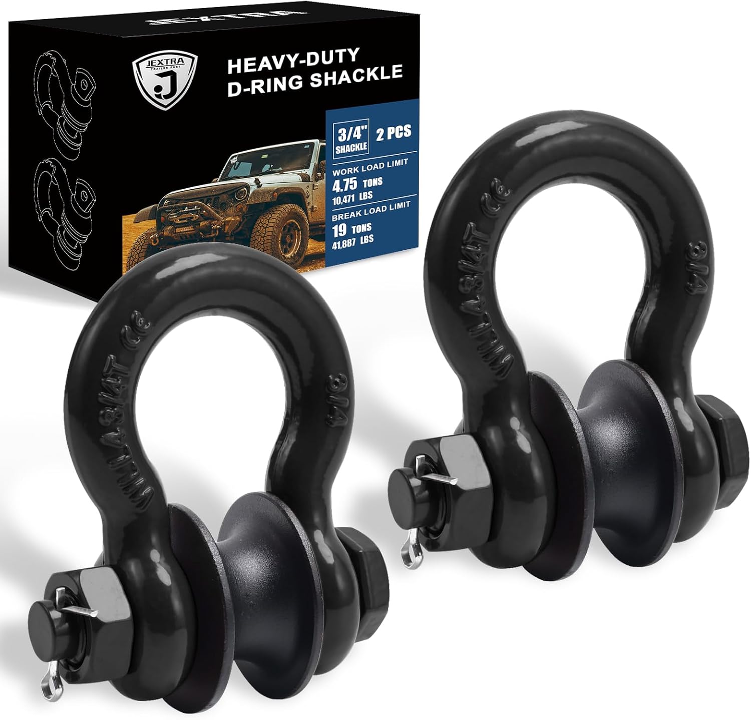 JEXTRA 3/4" D Ring Shackles with Towing Pulley,Upgraded Snatch Block,7/8" Removable Screw Pin,WLL:4.75 ton(10471Lbs),Use with Leash,Winch,for Vehicle Recovery and Towing in Trucks,Jeeps,2Pack Black