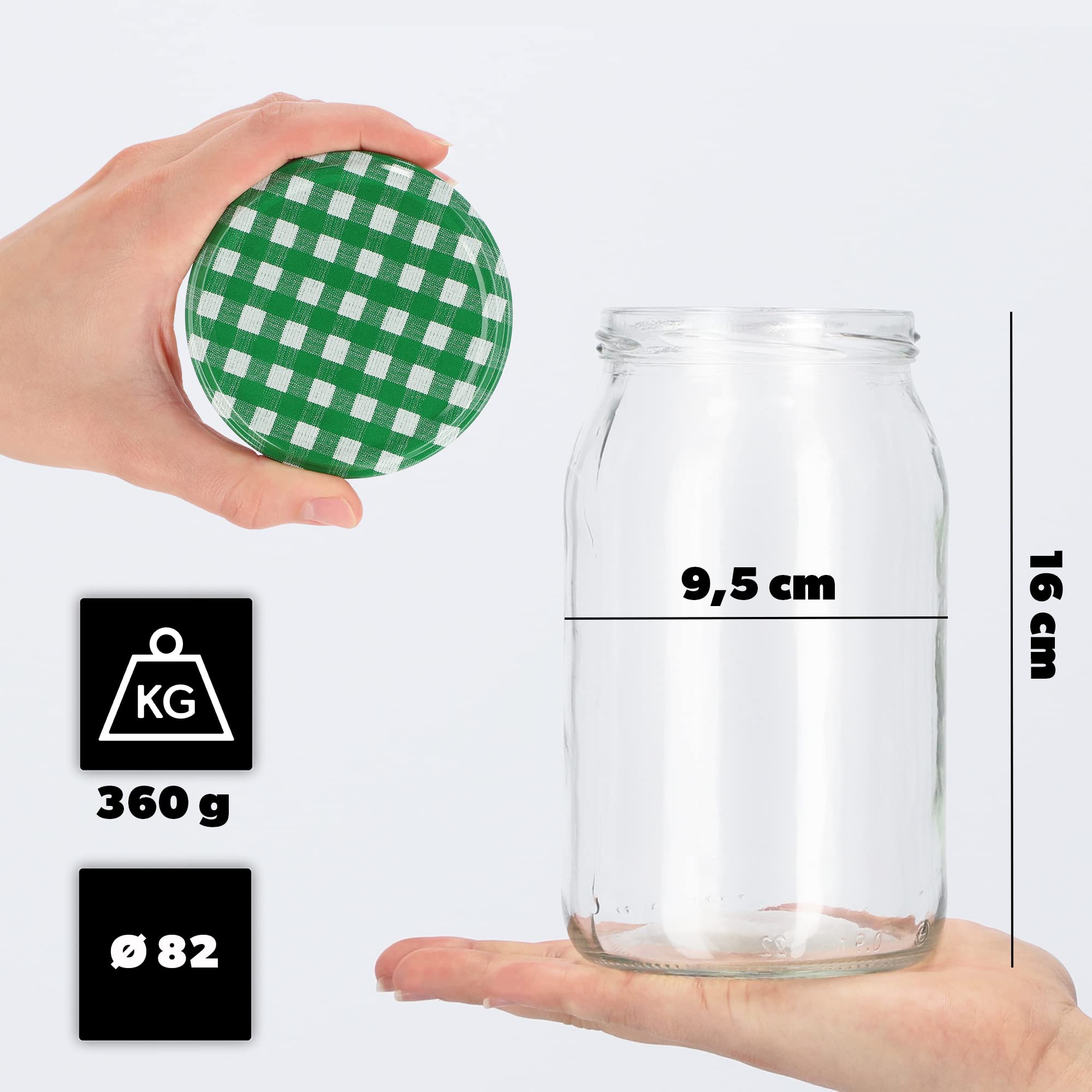 KADAX grandi barattoli in vetro 900ml Ø82 a quadretti verdi – tappo a vite ermetico, per conserve, sottaceti, verdure lacto-fermentate e marmellate fatte in casa