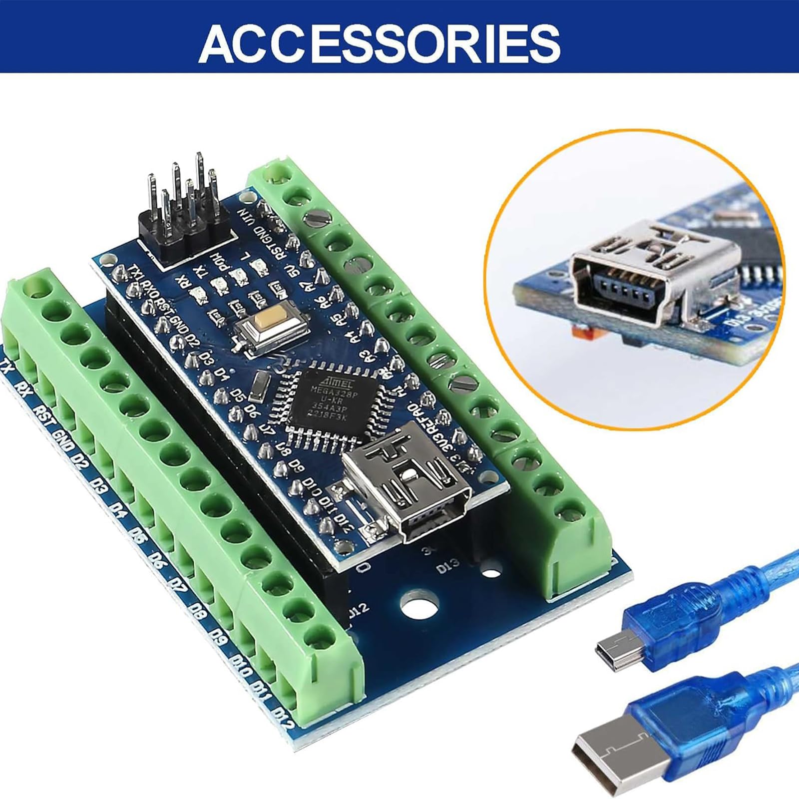 Set di 4 pezzi: mini moduli scheda controller per Nano V3.0 ATmega328P compatibile con Arduino, viene fornito con cavo USB + adattatore terminale a vite di espansione I/O Shield Breakout per Nano V3.0
