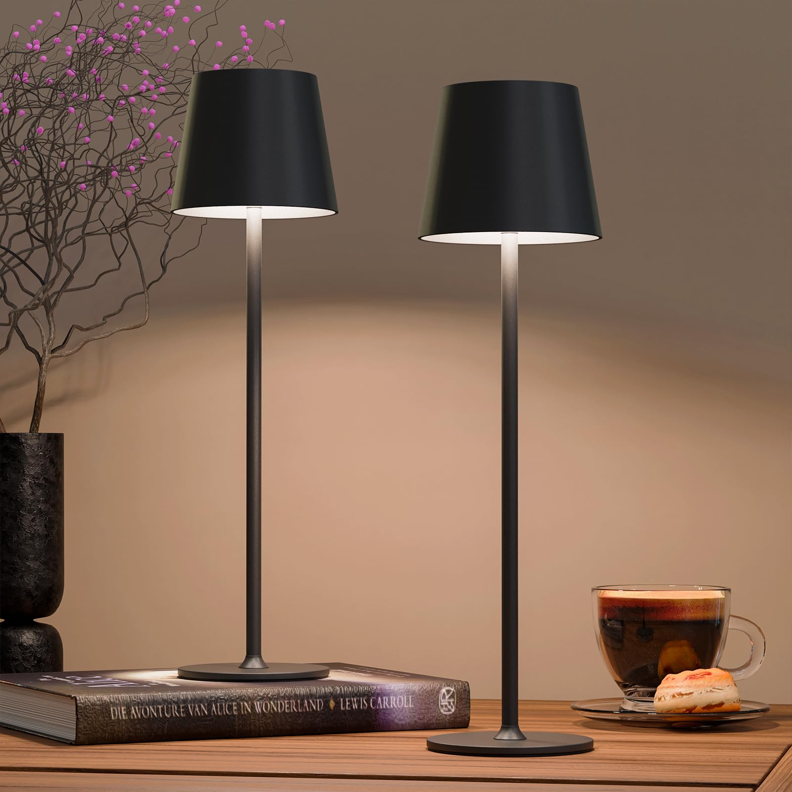 uuffoo 2 Pack Rechargeable Table Lamp Battery Operated Cordless Table Lamps with 3 Colors Stepless Dimming, Desk Night Light for Restaurant, Patio, Bedroom, Bar (Black)