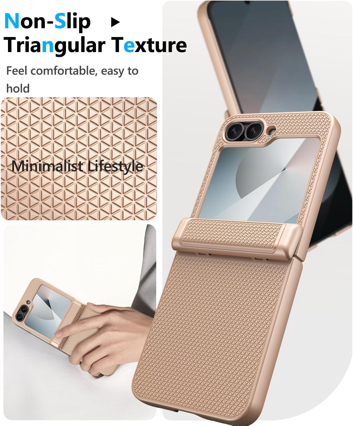 Vihibii for Samsung Galaxy Z Flip 6 and Z Flip 7 FE Case with Hinge Protection & Outer Screen Protector, Wireless Charging, Slim Stylish Texture Non-Slip Shockproof Rugged Cover Phone Case, Rose Gold