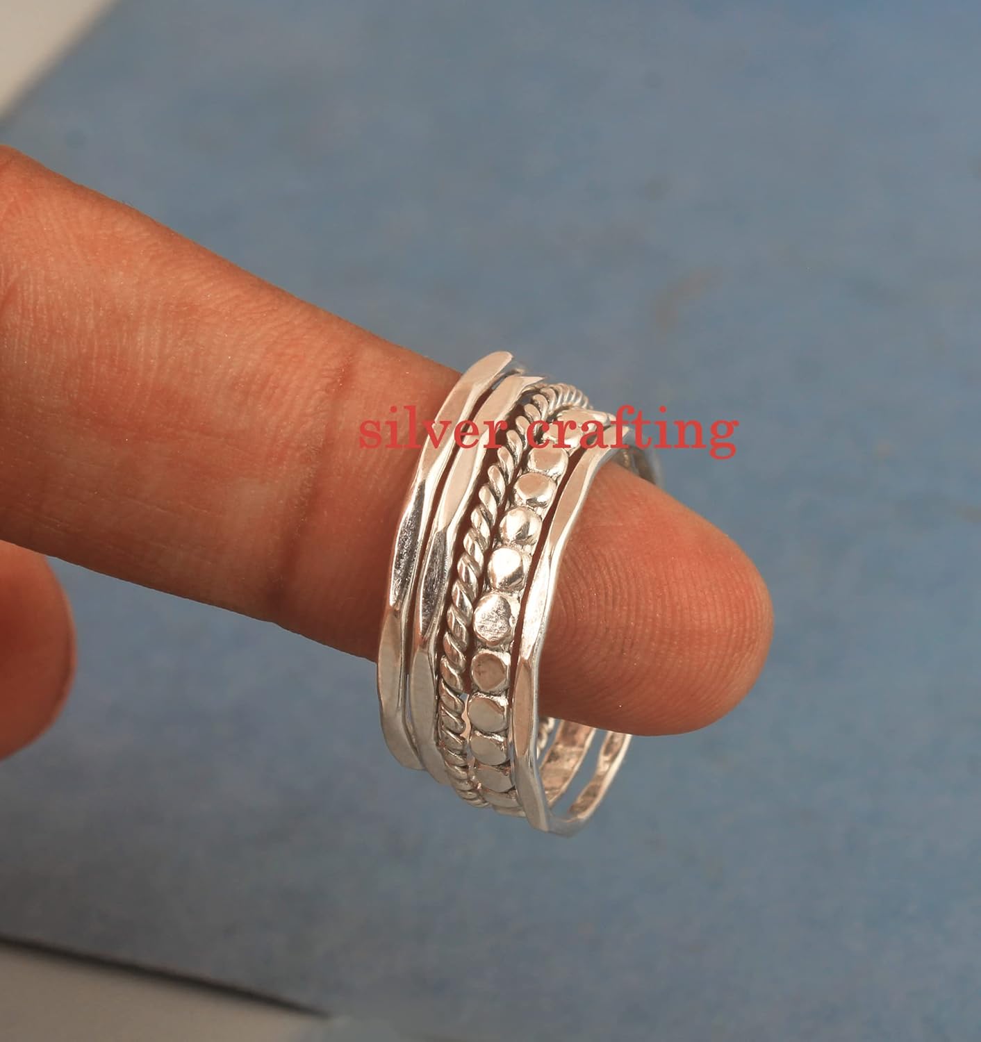 Set of Five Mixed Stacking Sterling Silver Ring Modern Handmade stacking set beaded twisted hammered ring jewellery gift