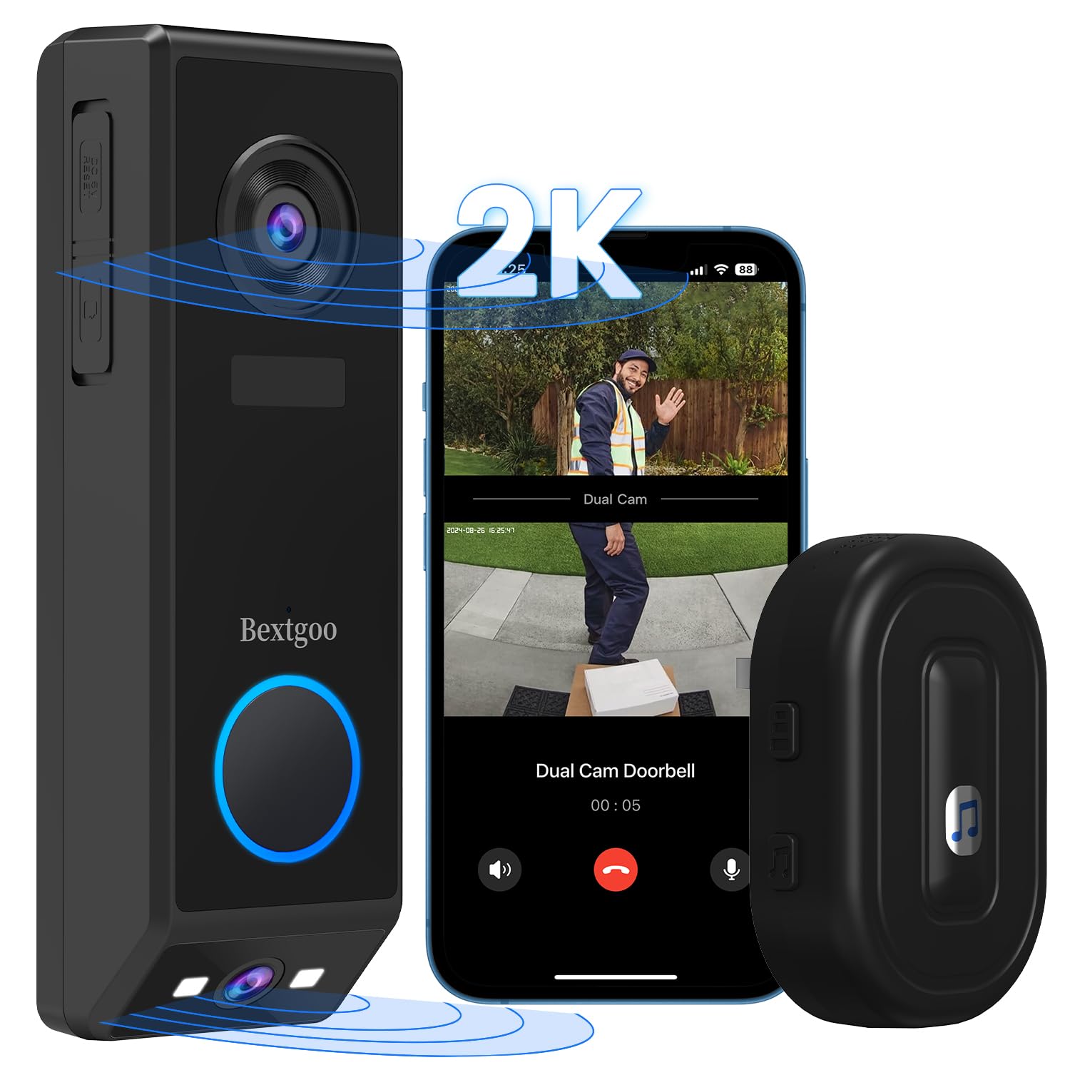 Doorbell Camera Wireless, Dual-Lens Video Doorbell No Monthly Fee, 2K Head to Toe Video Doorbell Wireless or Wired, Motion Detection, 2-Way Talk, Voice Changer, Night Vision, IP67