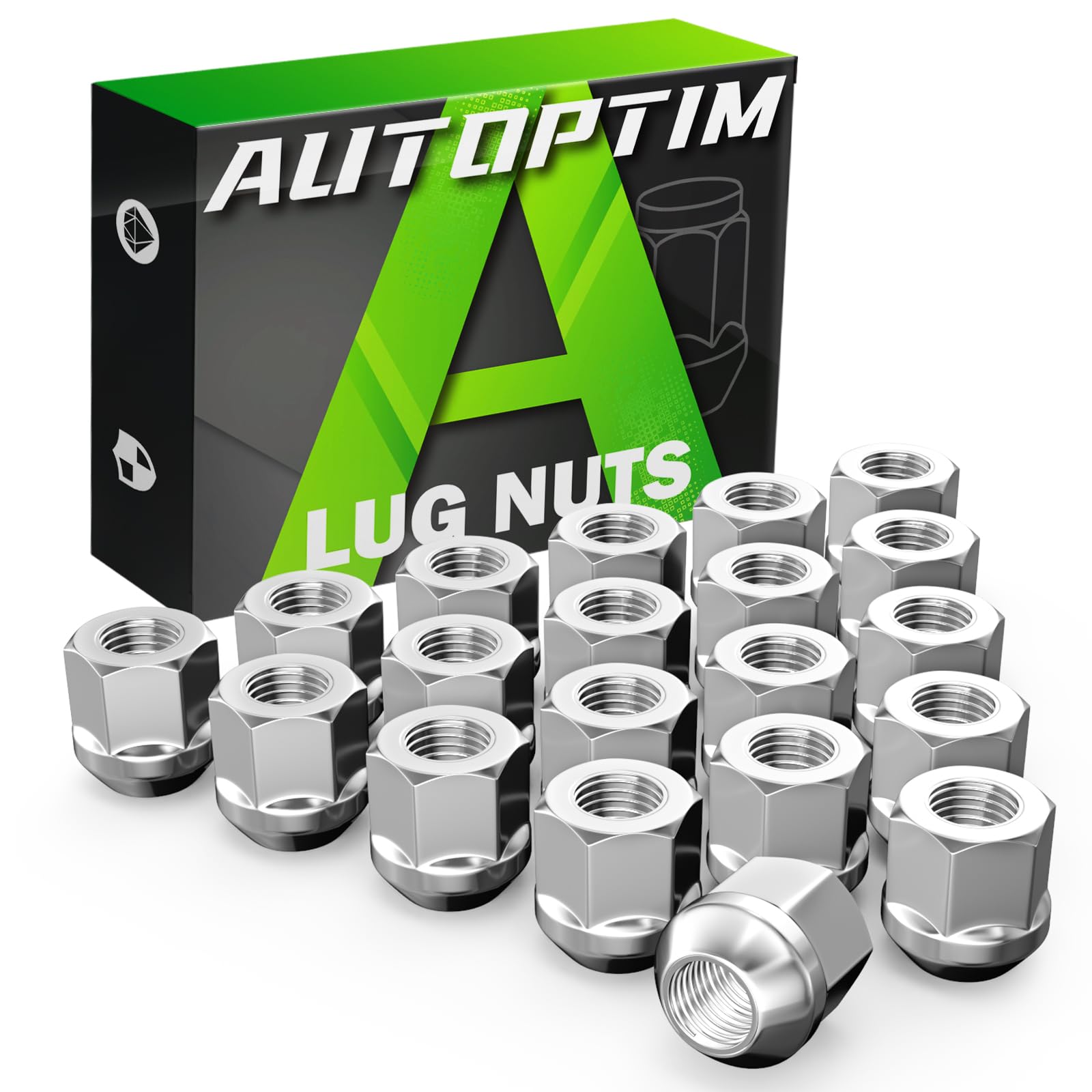AUTOPTIM 1/2"-20 Open End Lug Nuts - Replacement for Dodge Dakota Ram Charger Ford Mustangs Rangers Explorer Jeep Wrangler Aftermarket Wheel, Chrome 20PCS 3/4" Hex 0.84" Long by 0.9" Wide Lug Nuts