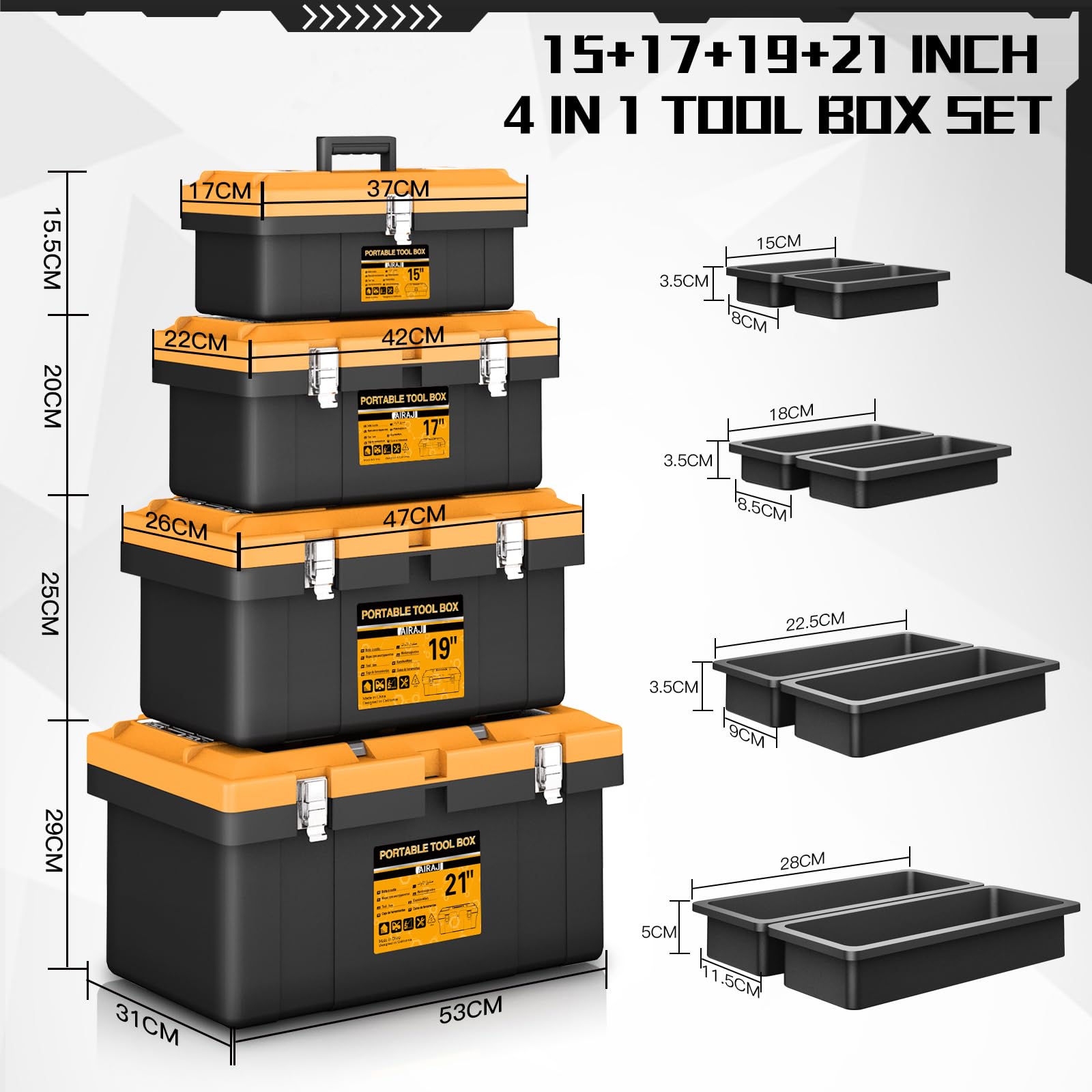 Cassetta Attrezzi,Cassetta Attrezzi Vuota 4 in 1,Cassetta Porta Attrezzi Portatile con Serratura,8 Contenitori Portautensili Rimovibili,Cassetta Attrezzi Vuota Mini/Piccola/Grande,15"+17"+19"+21"