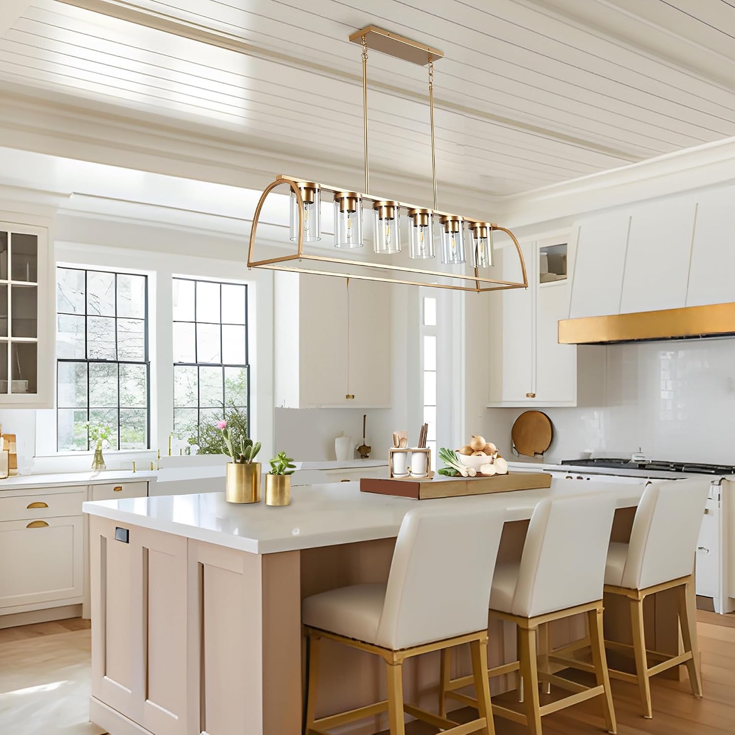 KSANA 51.2" 6-Light Linear Gold Chandelier, Modern Rectangular Island Lighting with Clear Glass Shade for Kitchen and Dining Room